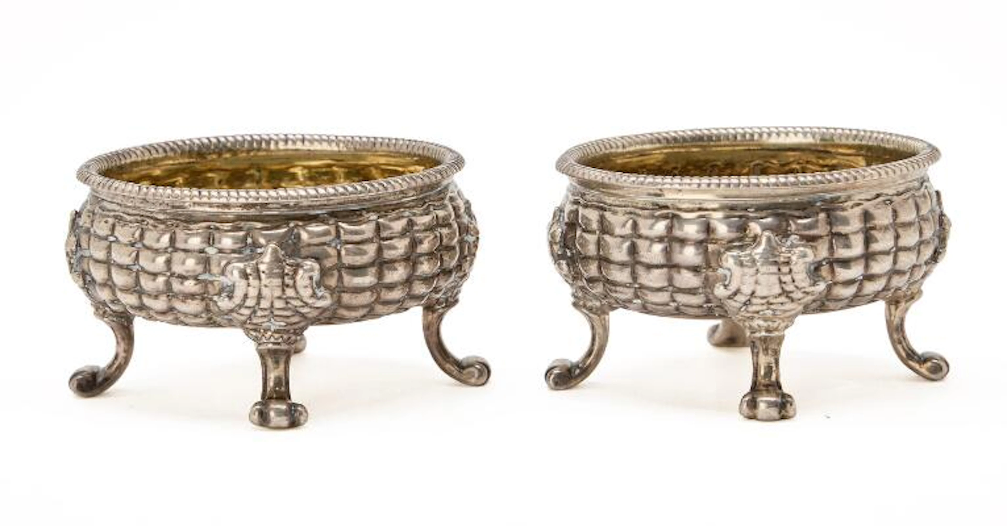 A pair of English George II sterling silver salt cellars. London 1752–1753.