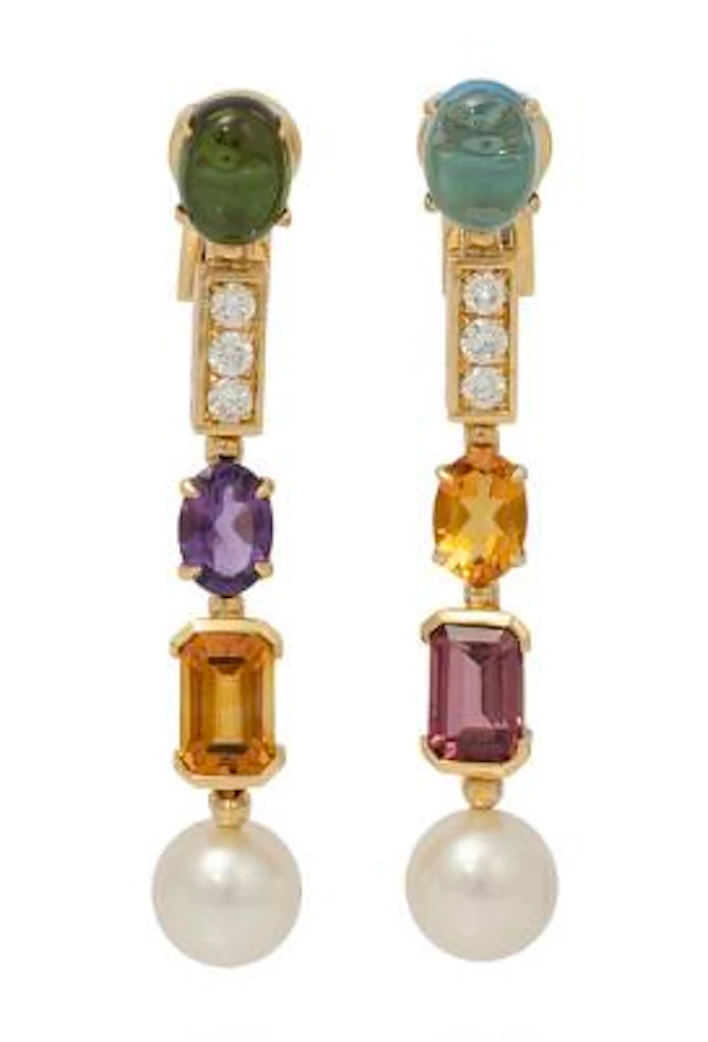 Bulgari: A pair of "Allegra" ear pendants of 18k gold set with tourmaline