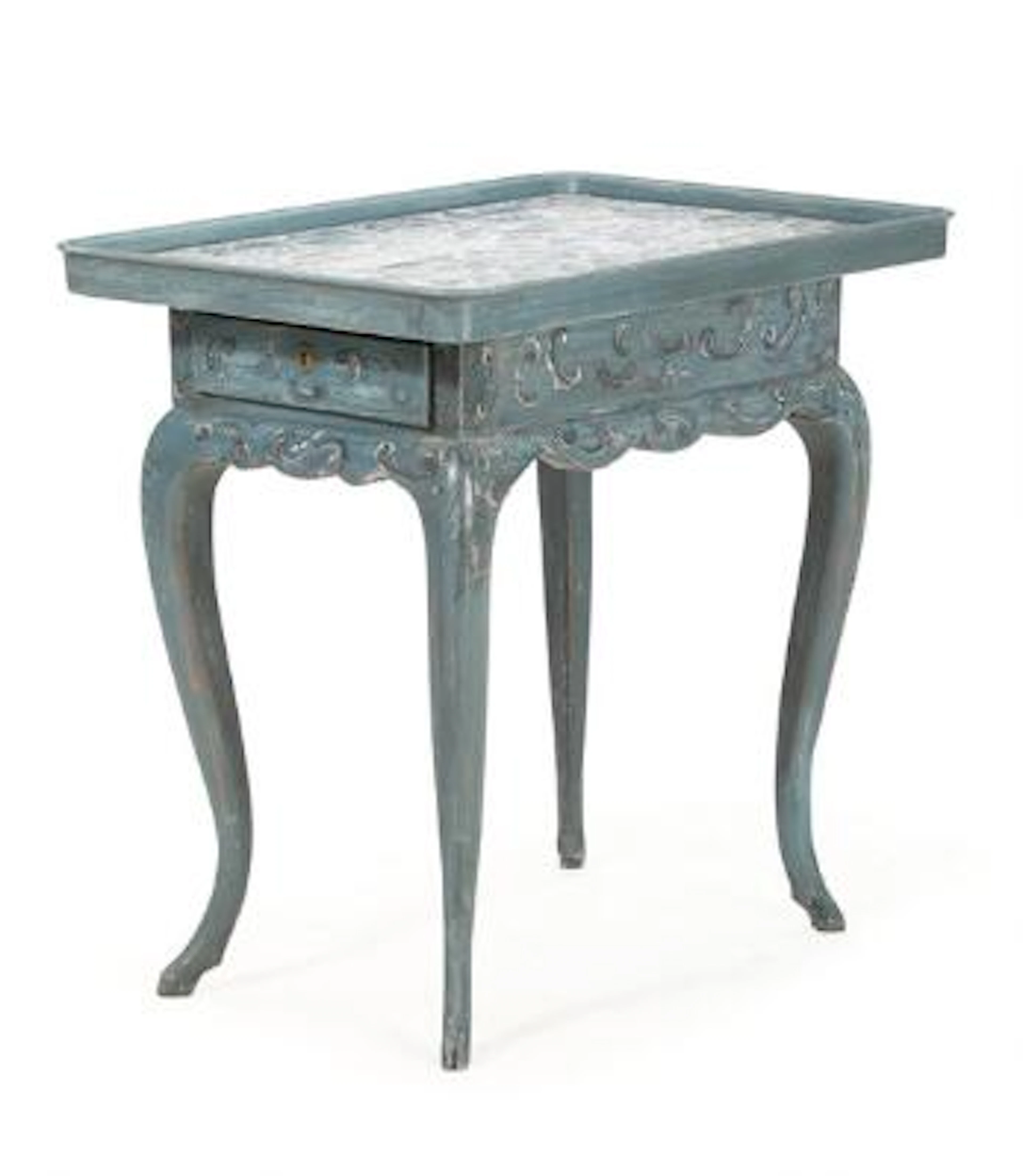 A 18/19th century painted wood Rococo tile top table, front with one