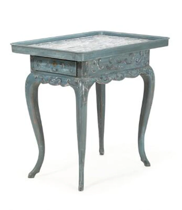 A 18/19th century painted wood Rococo tile top table, front with one