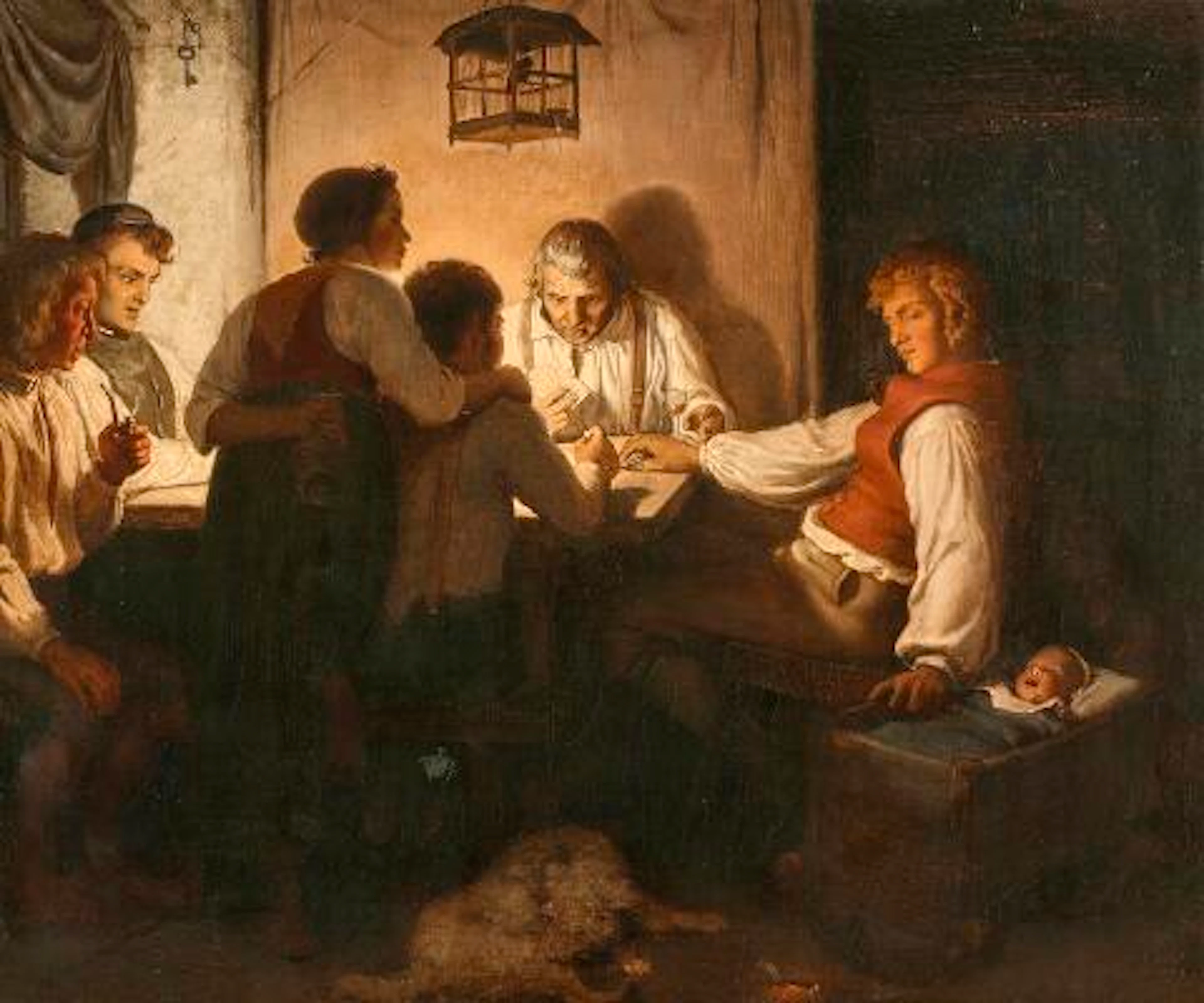 Lorenz Frølich: A Bavarian farmhouse interior. 1841-42. Signed with