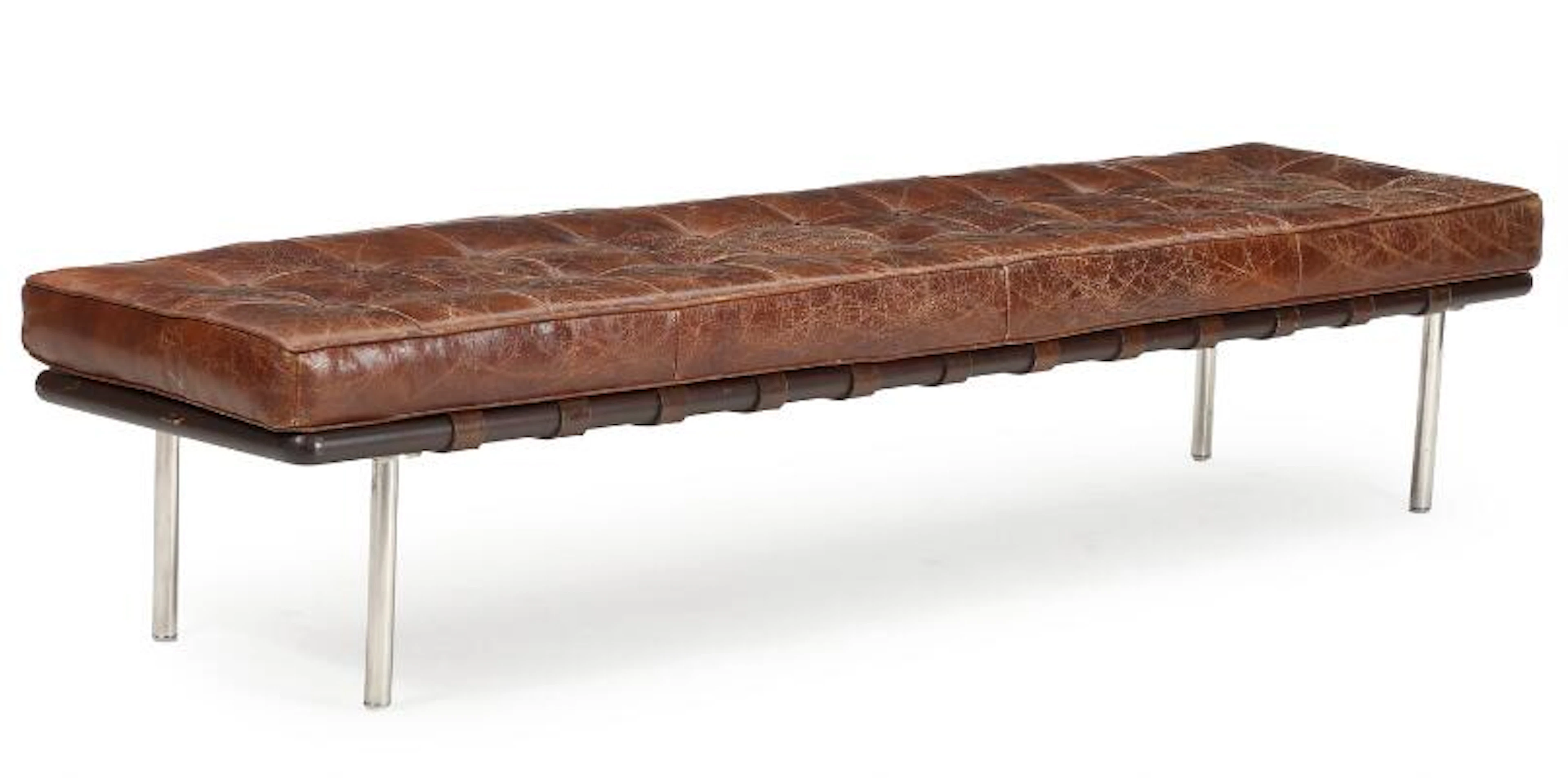 Unknown furniture design: Bench with steel legs, stained mahogany