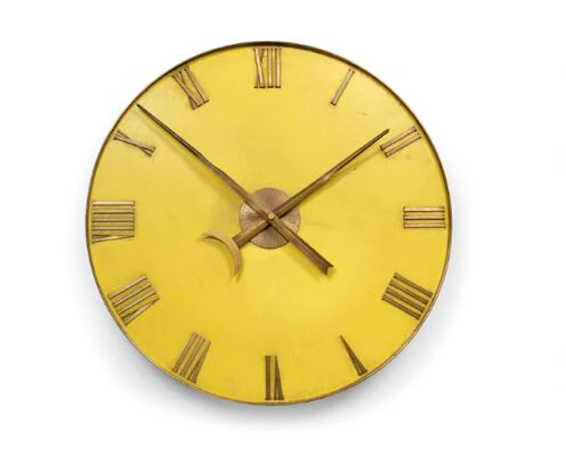 Bent Helweg-Møller: Large circular brass wall clock and yellow painted