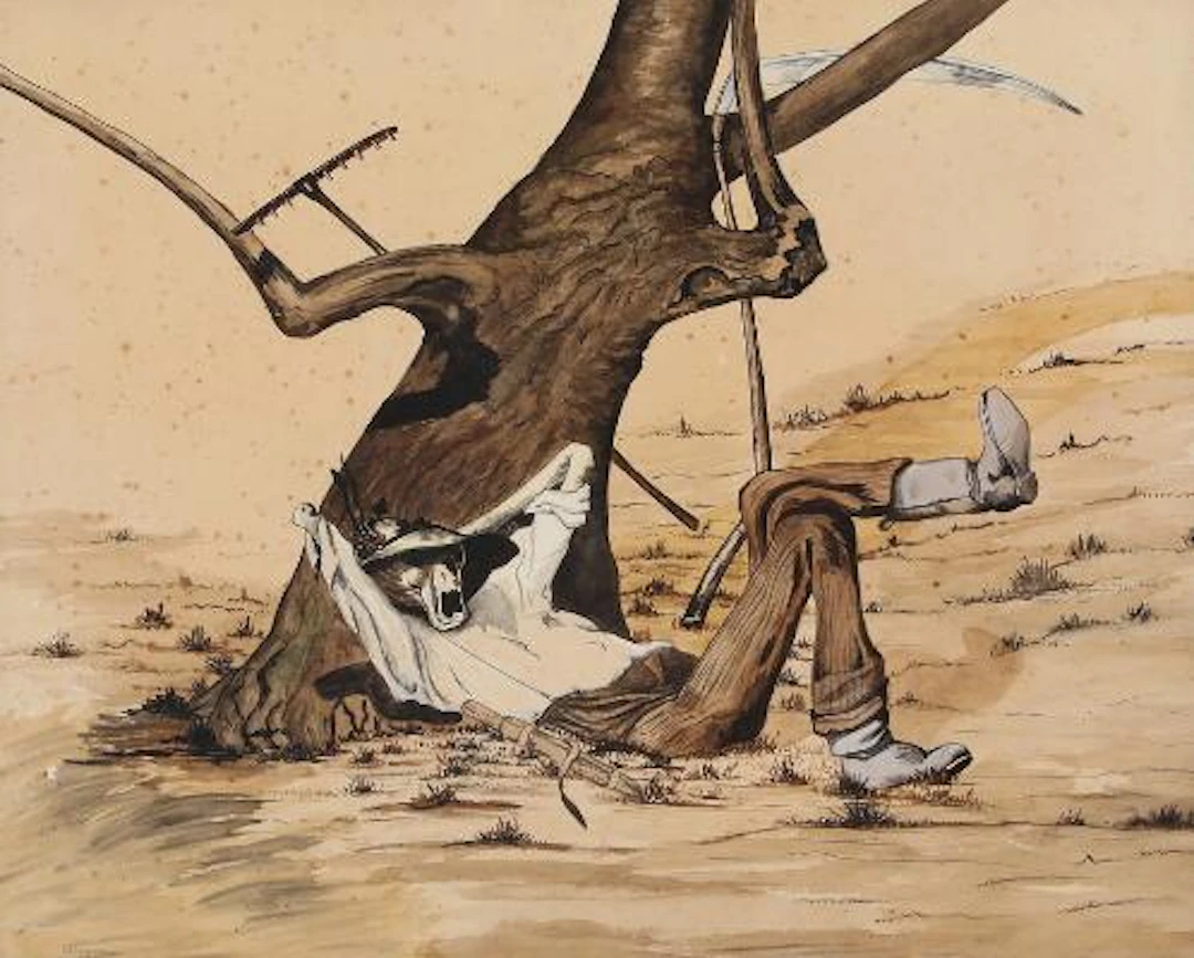 Danish painter, 20th century: The man with the scythe, 1929. Signed