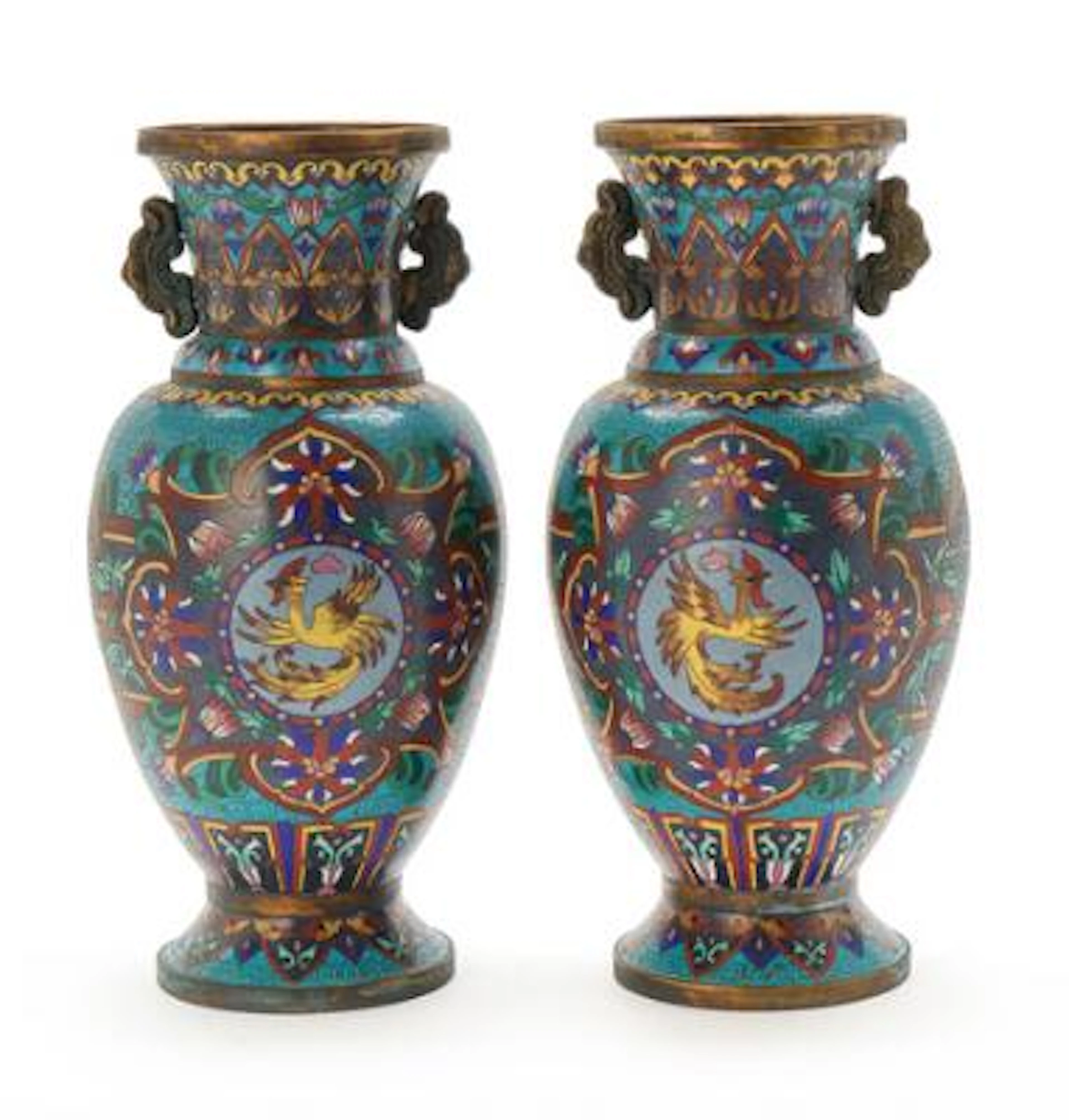 A pair of Chinese "Phoenix" vases of cloisonné, marked Qianlong, but
