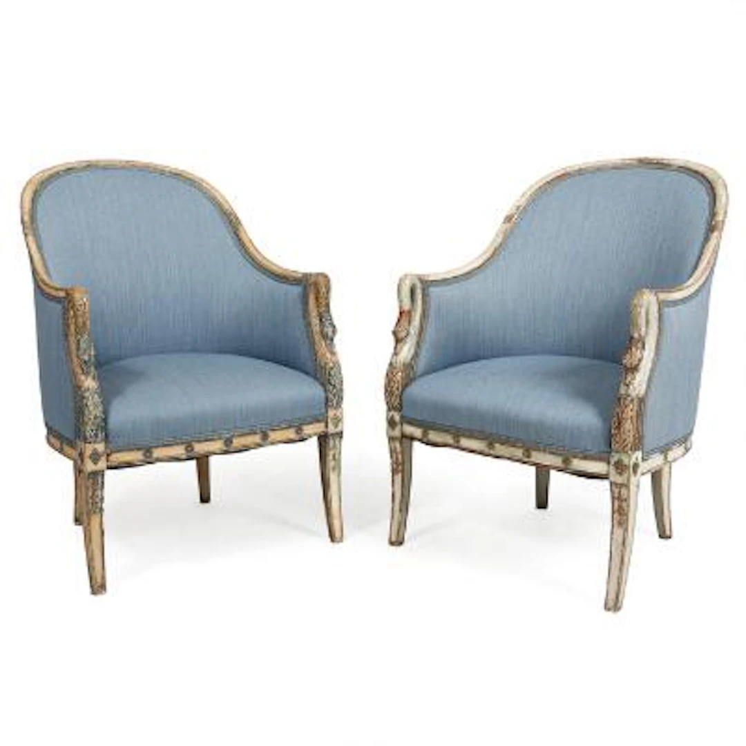 A pair of Danish Neoclassical armchairs of painted wood, armrests