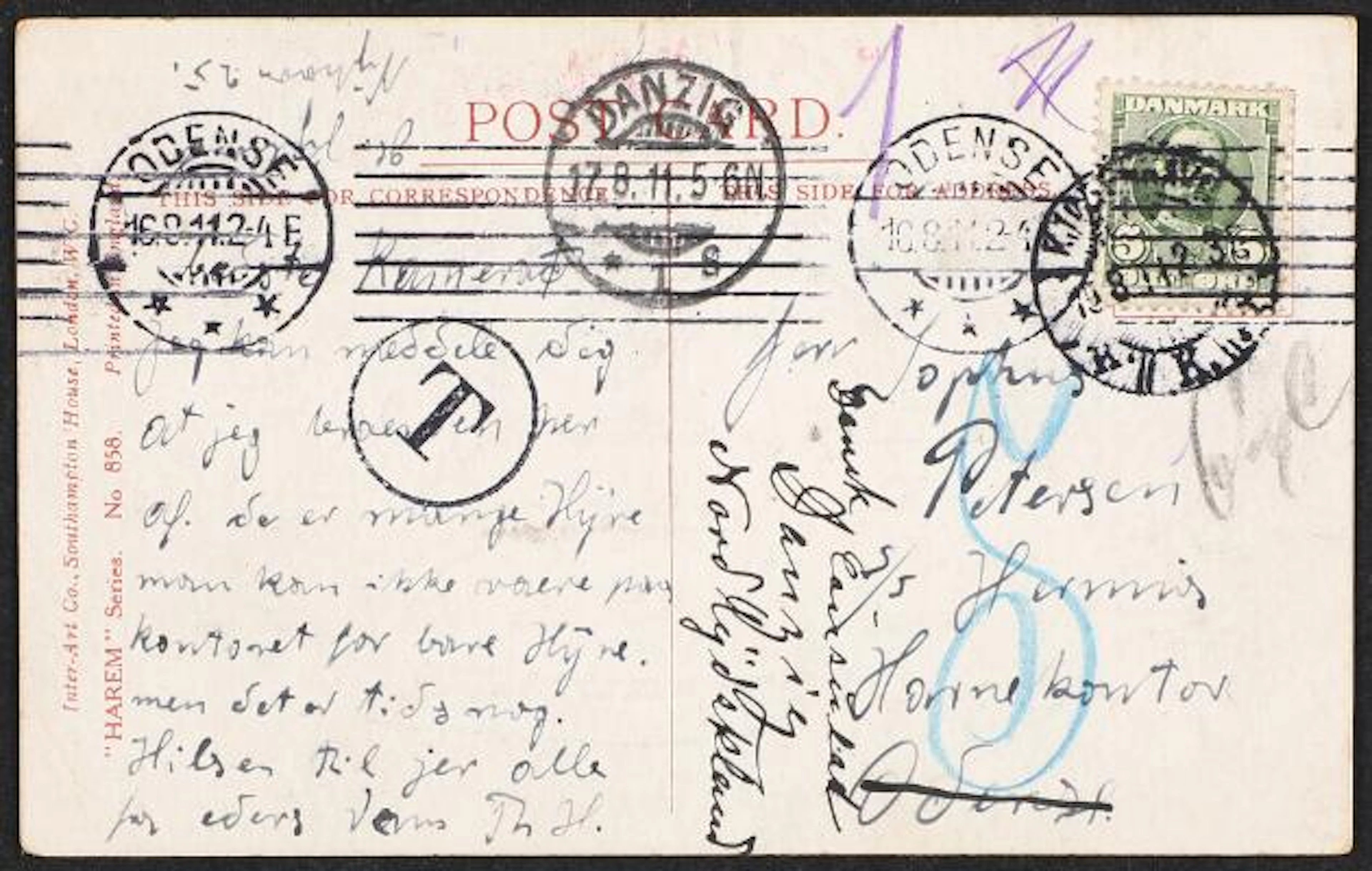 1907. Frederik VIII. 5 Øre, green. Postcard from KJØBENHAVN 10.8.11