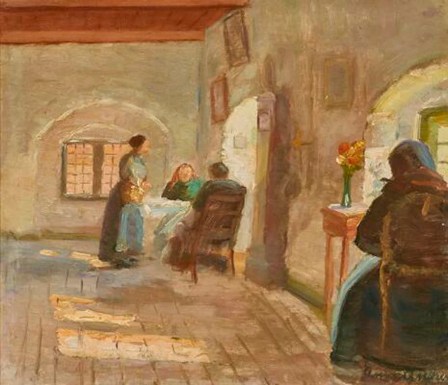 Anna Ancher: Interior with light reflections. Signed Anna Ancher.