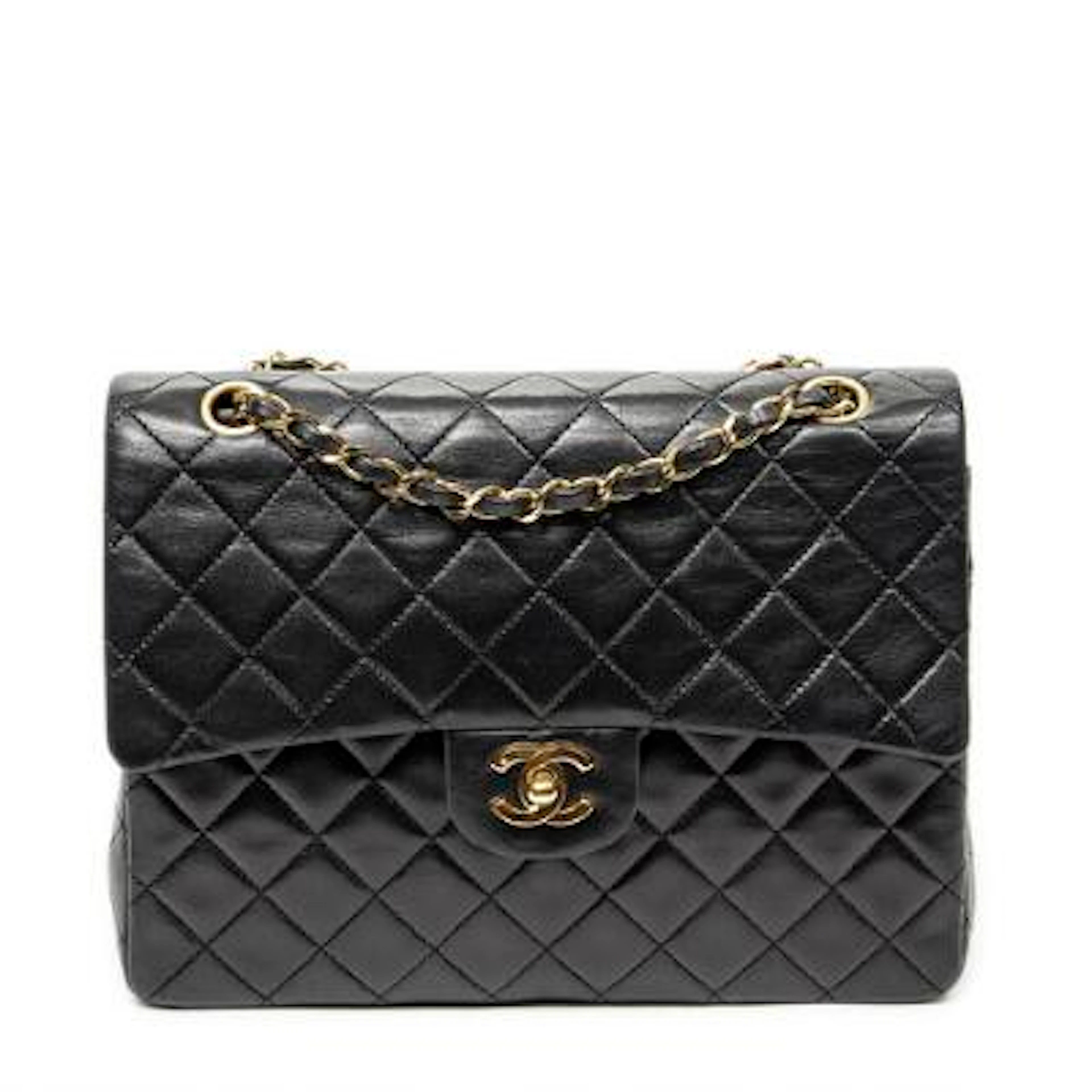 Chanel: A "Medium Square Double Flap" bag of black quilted leather