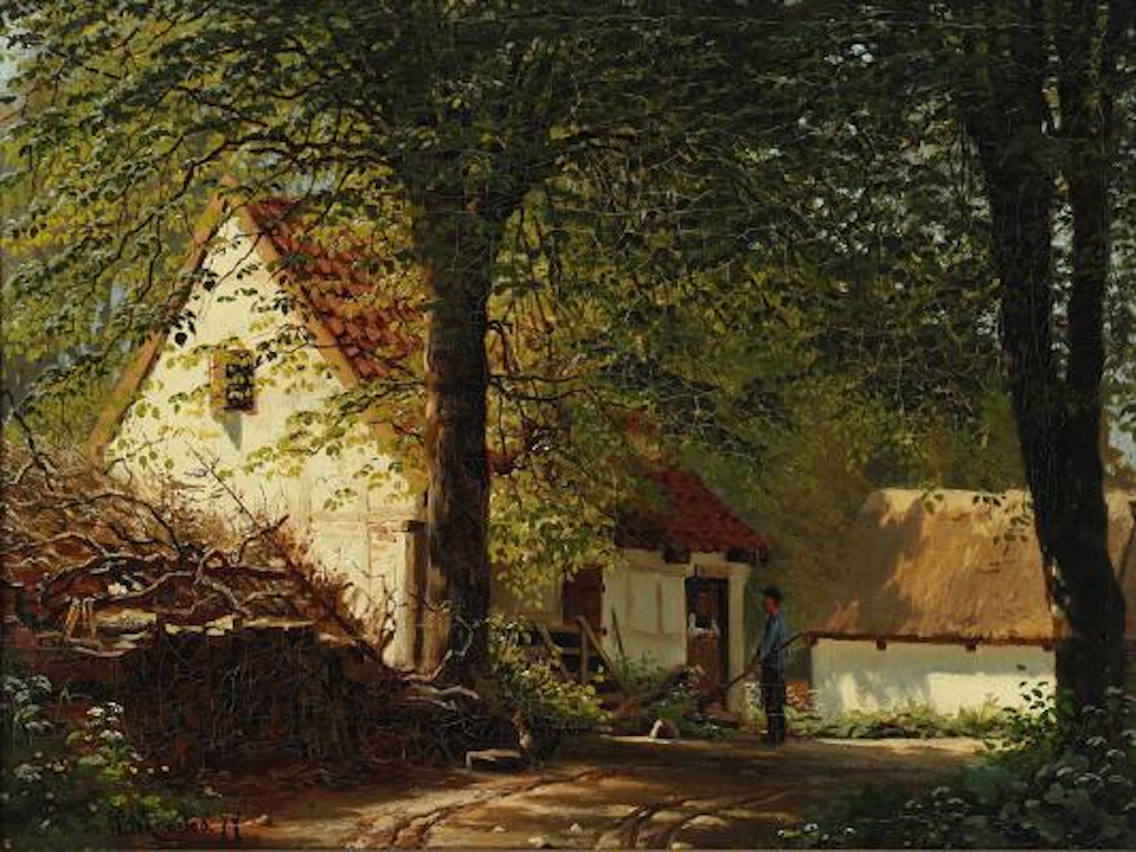 Peder Mønsted: Two farmers at a farmhouse. Signed and dated P. Mønsted