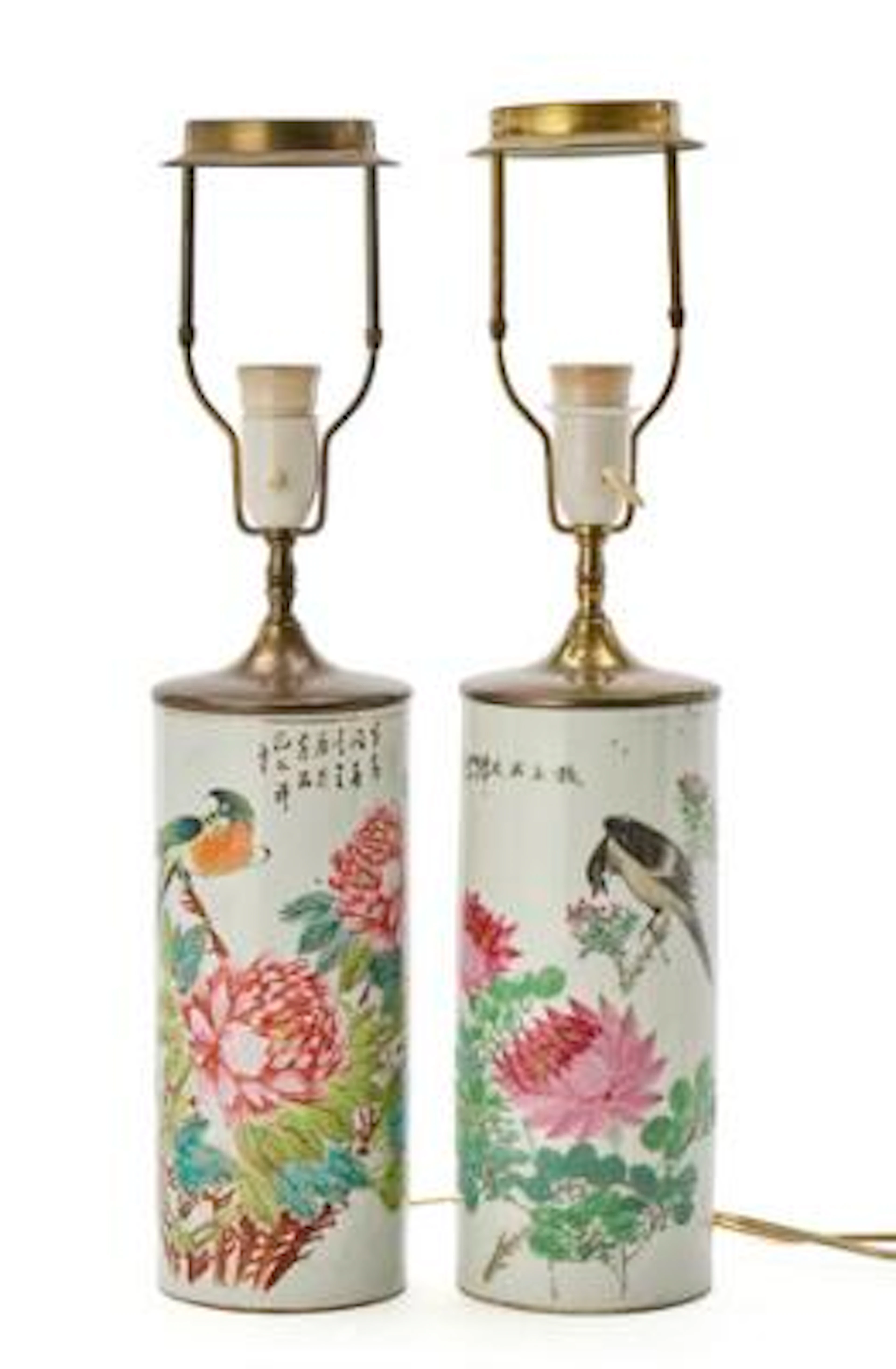 Two Chinese porcelain vases, cylindrical, decorated in enamelled colours.