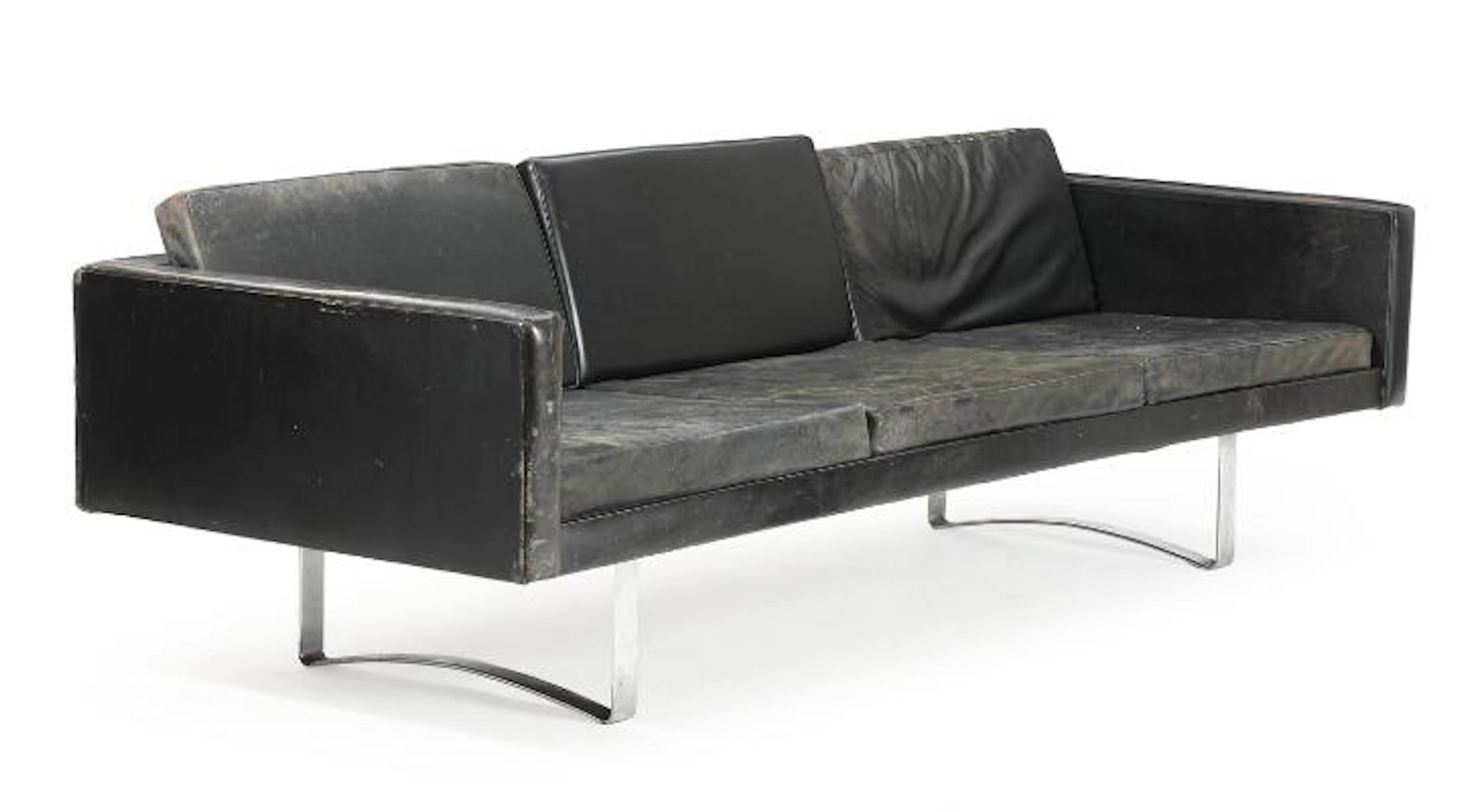 Bodil Kjær: Three-seater sofa with steel frame. Black leather. Manufactured