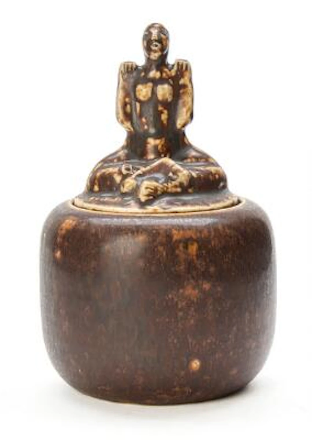 Jais Nielsen: A stoneware lidded jar. Decorated with dark brown glaze.