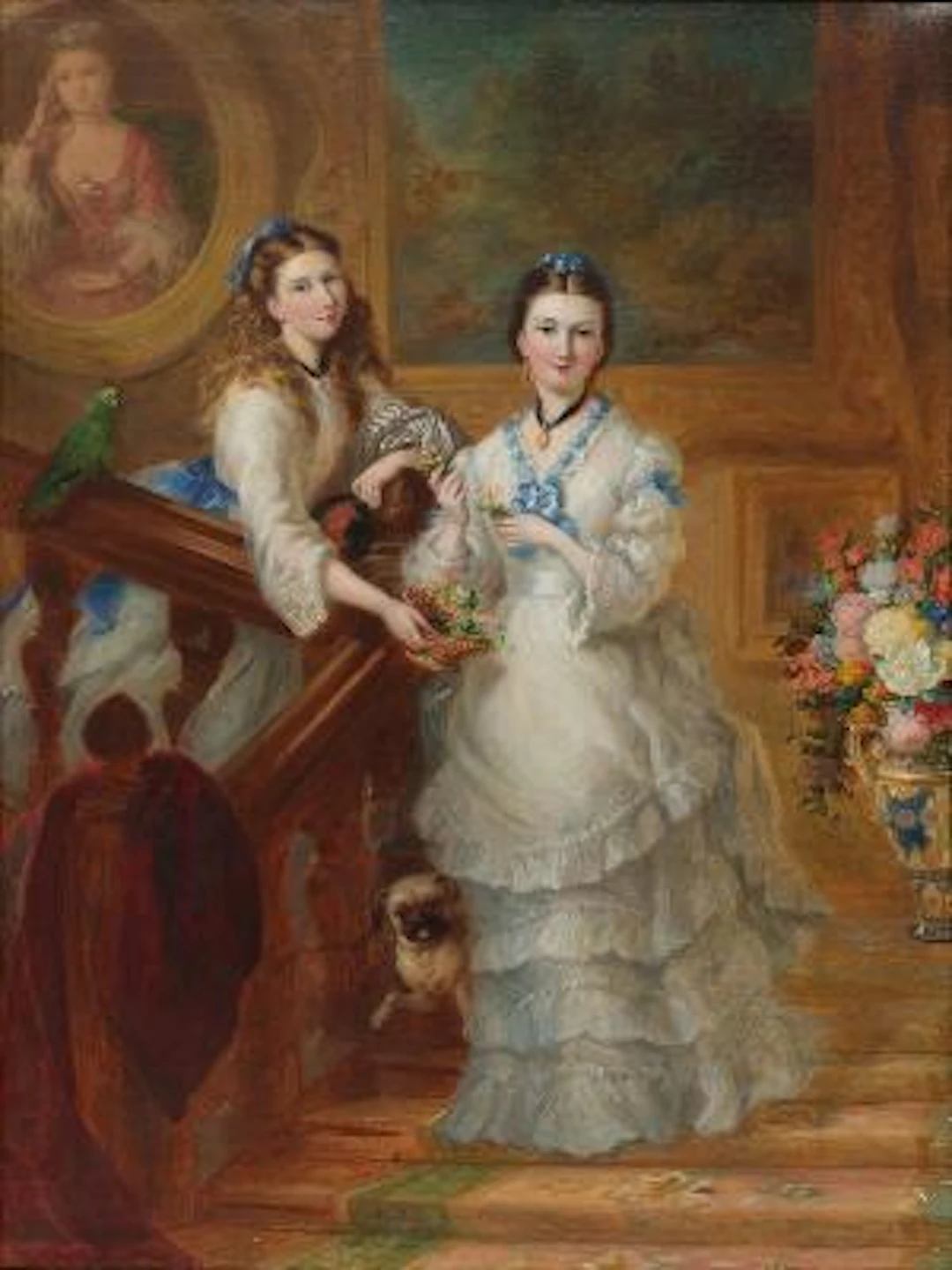 English painter, 19th century: Interior with two girls and parrot.