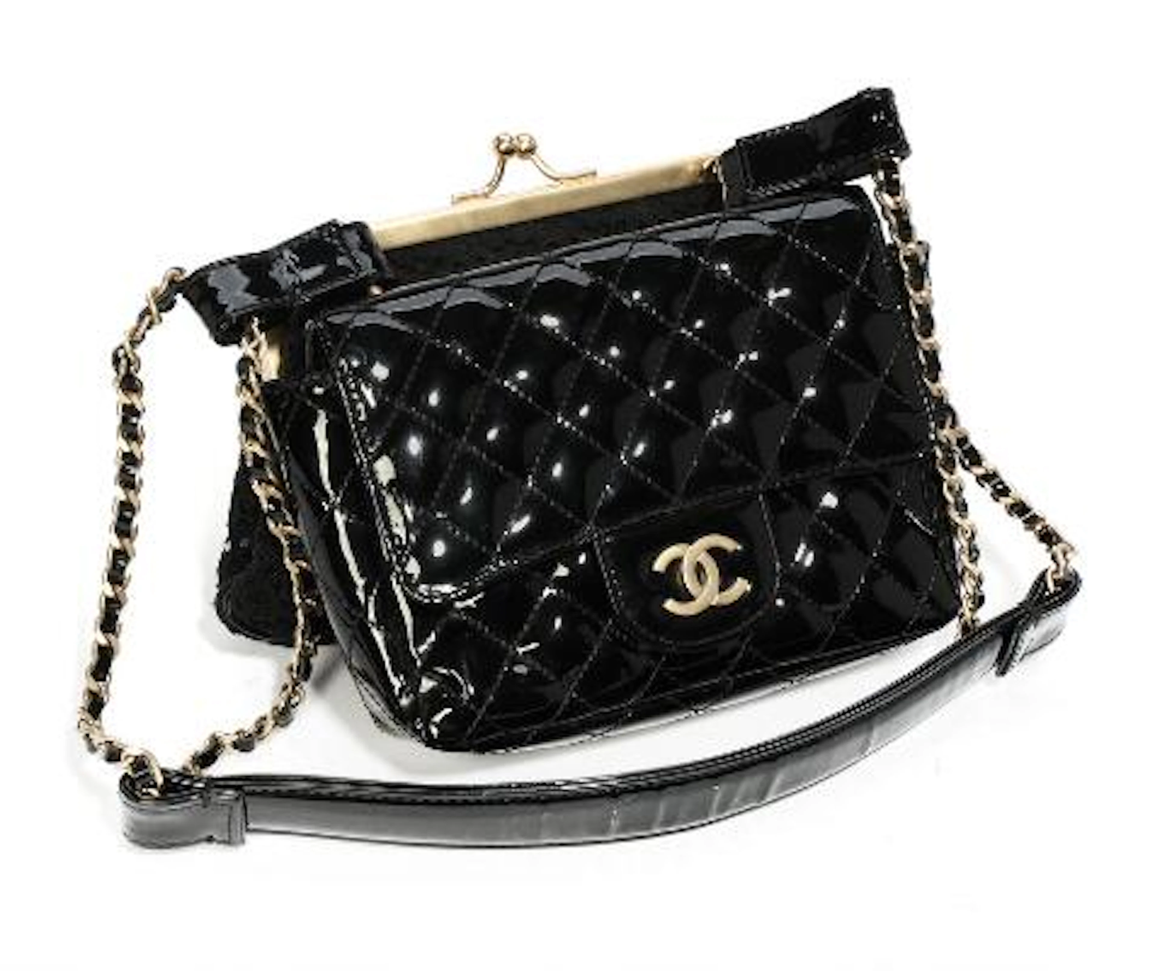 Chanel: A "Black Patent Lace Kiss Lock Flap Double Bag" of respectively