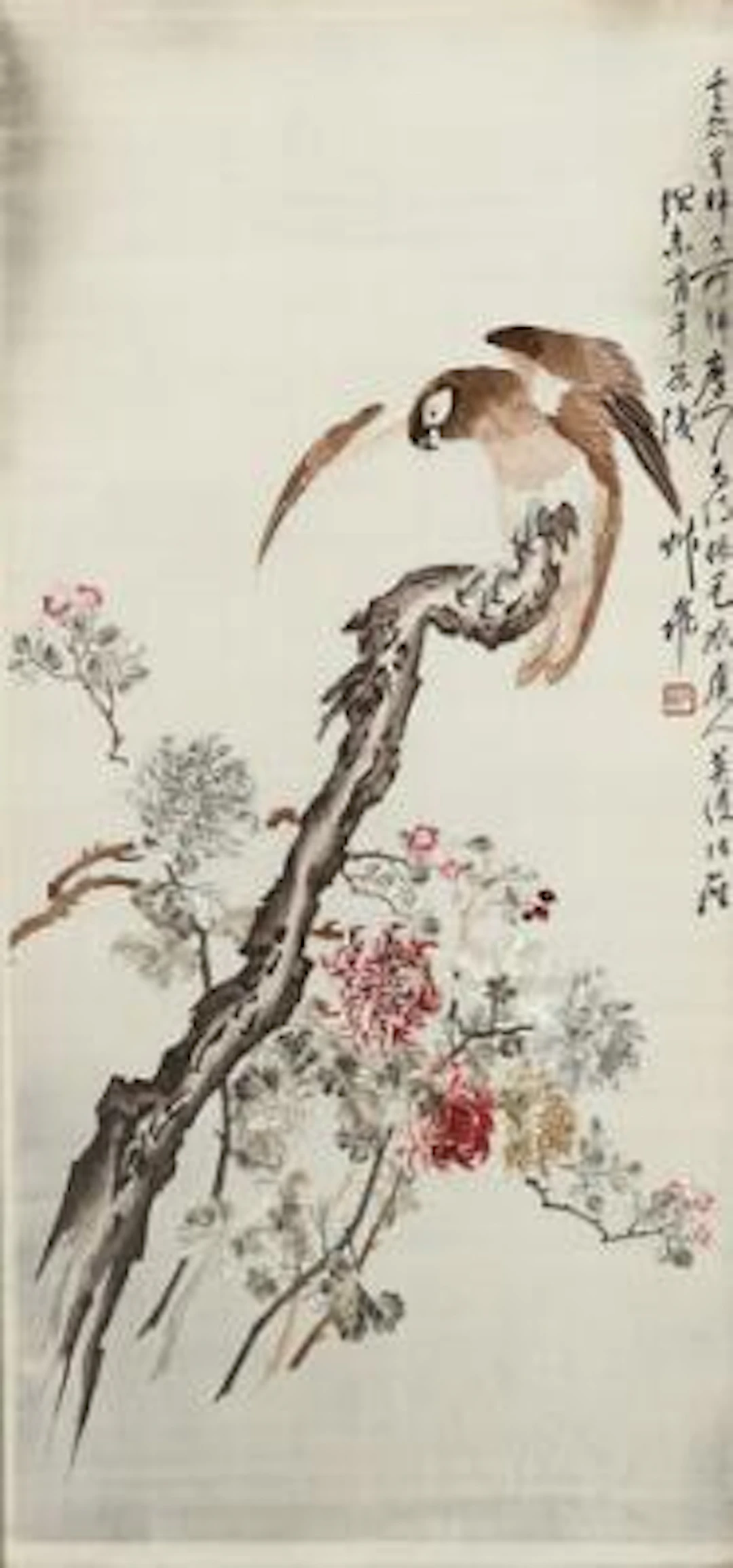 Chinese silk embroidery with bird on branch and chrysantemum. Framed.