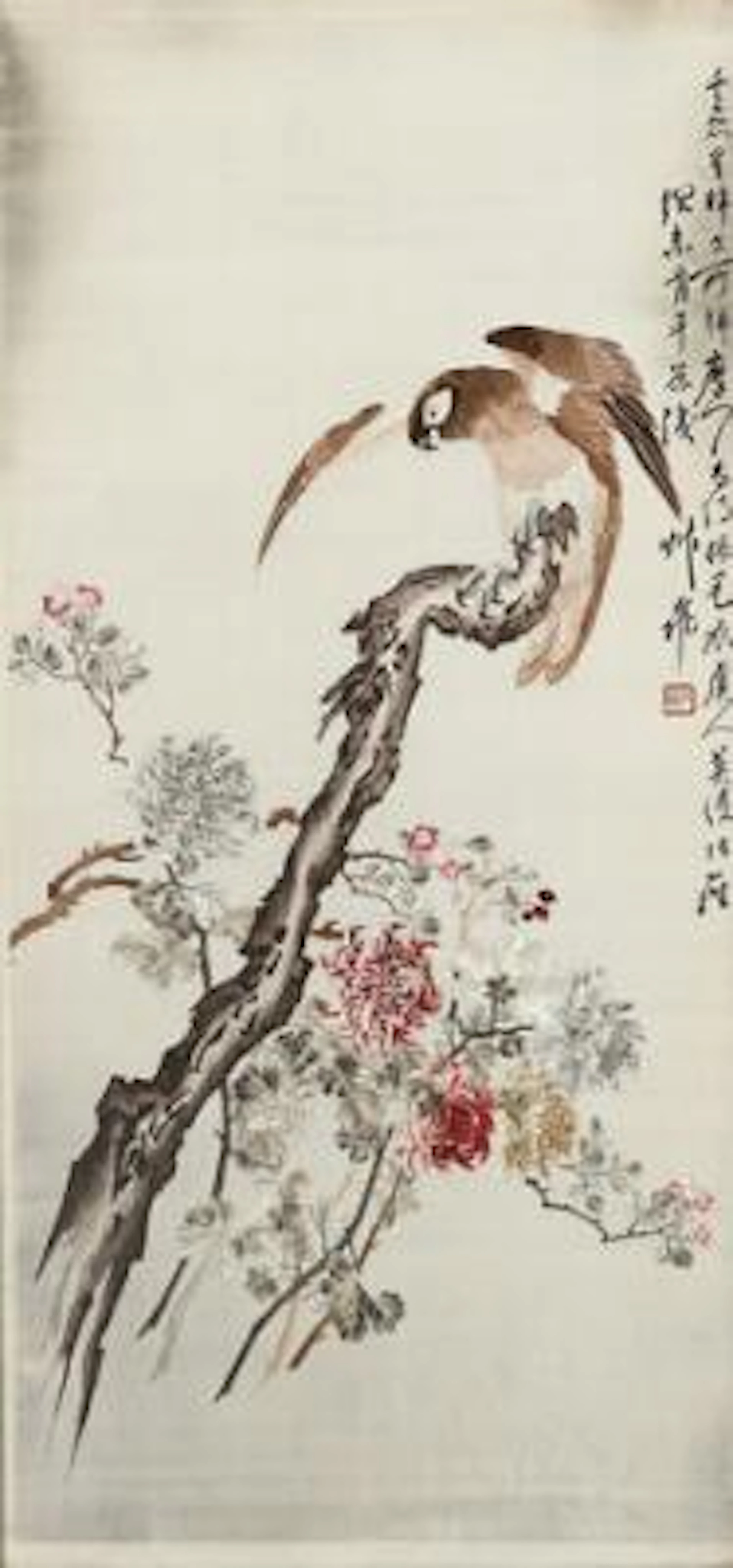 Chinese silk embroidery with bird on branch and chrysantemum. Framed.