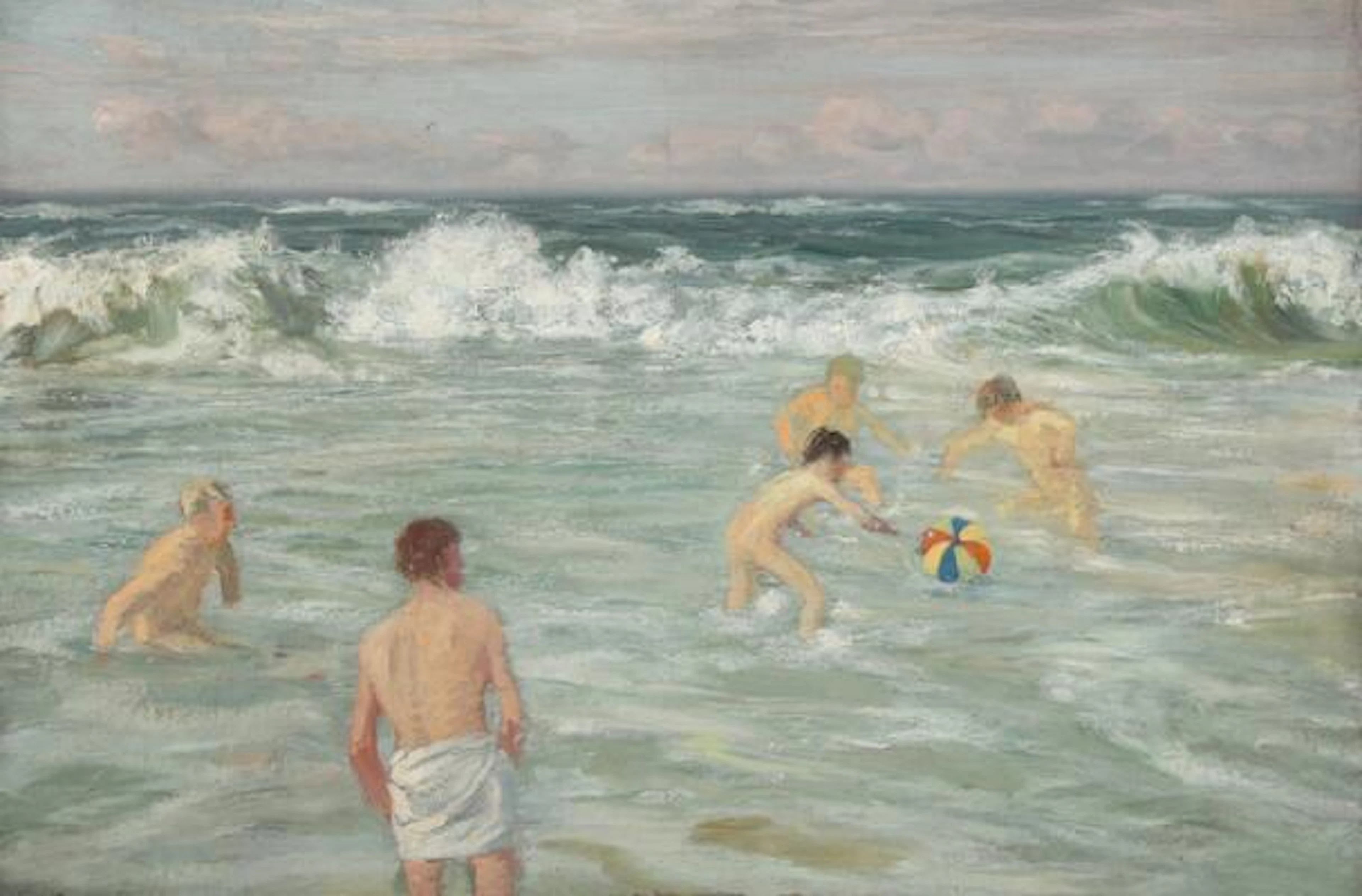 Unknown painter, 20th century.: Bathing boys. Oil on canvas mounted