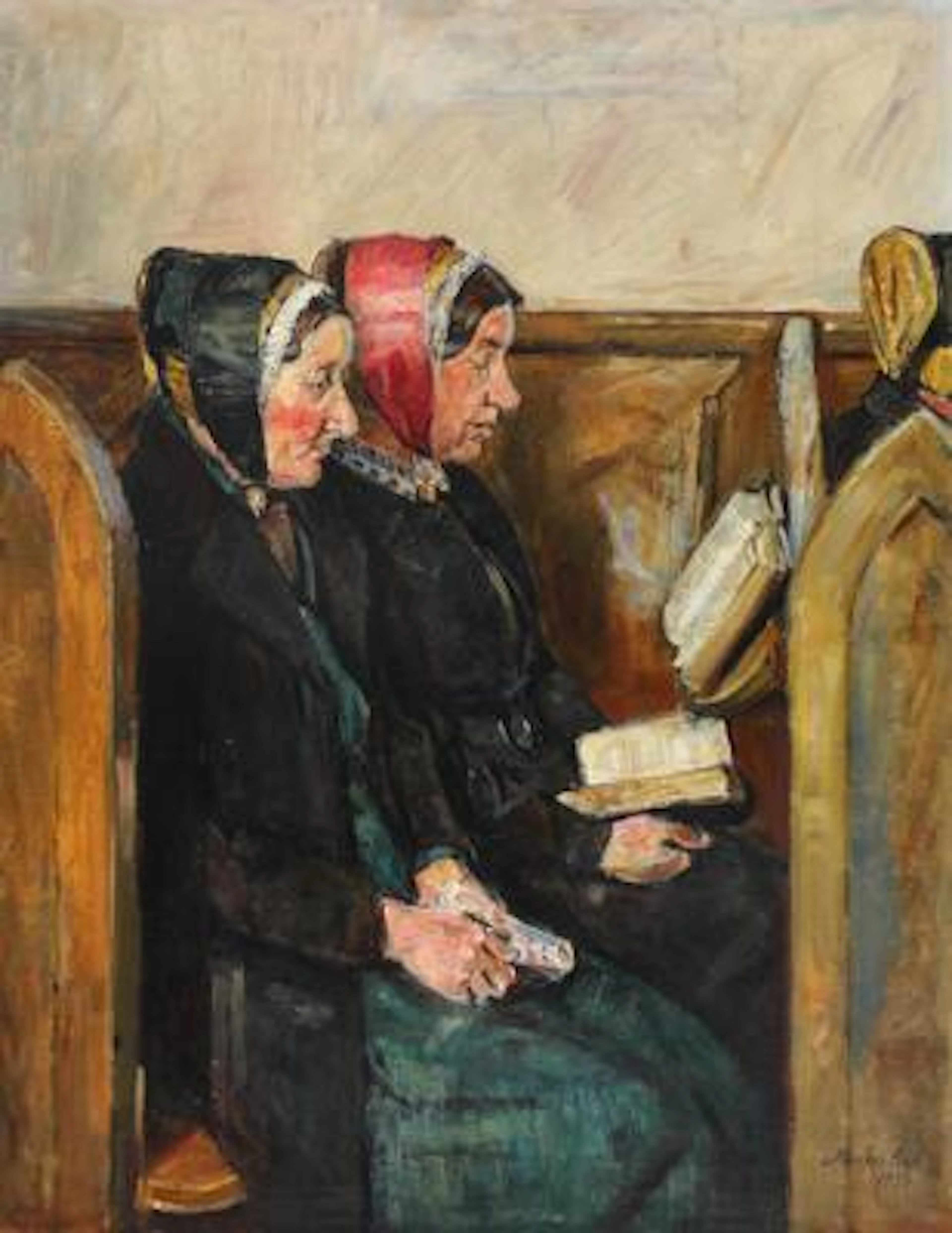 Mogens Gad: Church interior with two women. Signed and dated Mogens