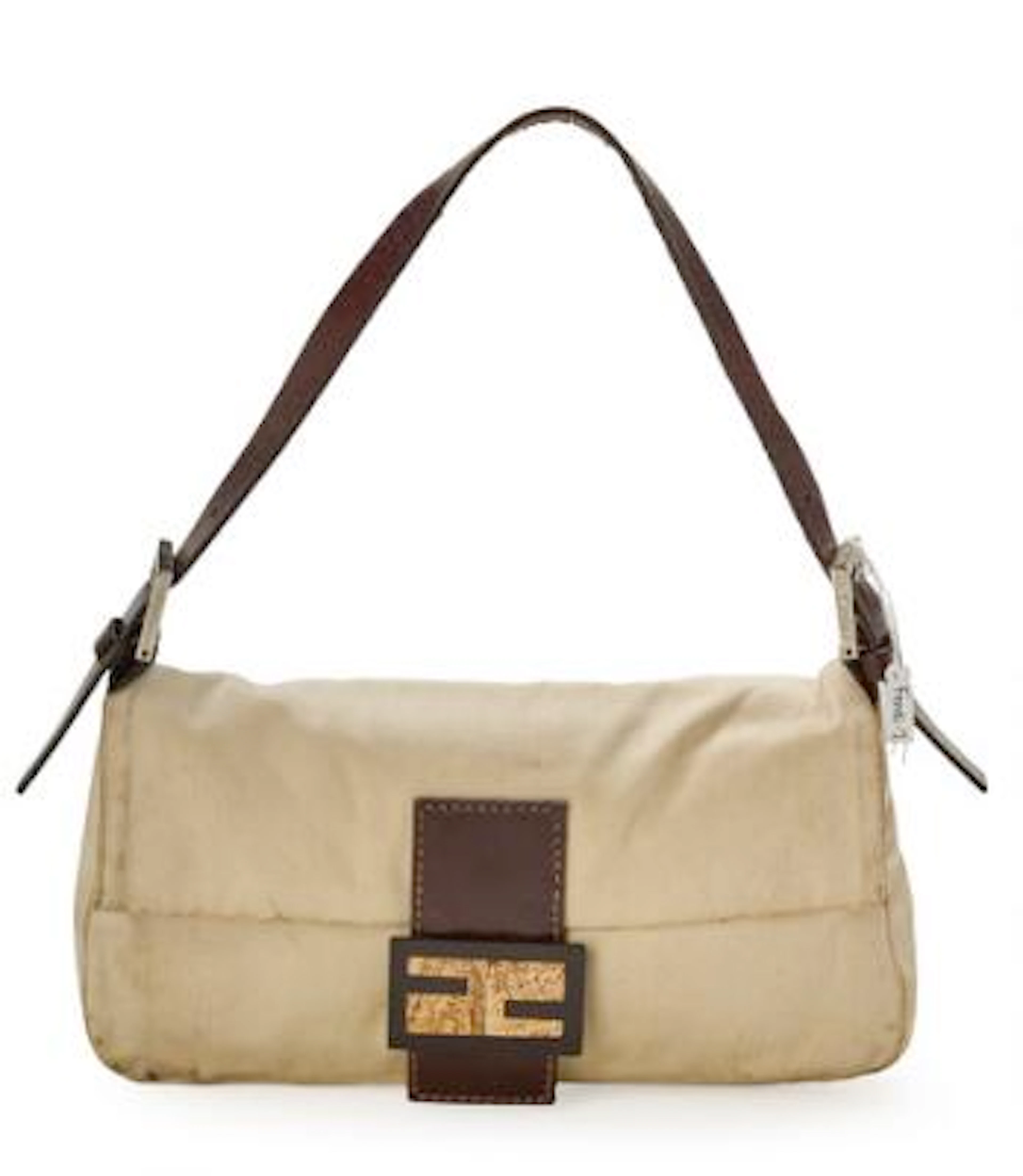 Fendi: A "Baguette" bag of beige canvas with dark brown leather trimmings