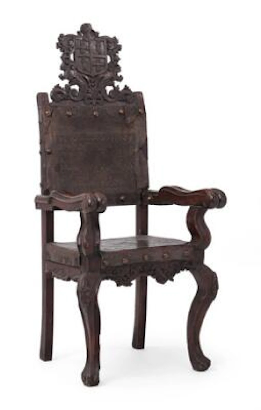 A Spanish colonial walnut armchair with leather-mounted seat and back.