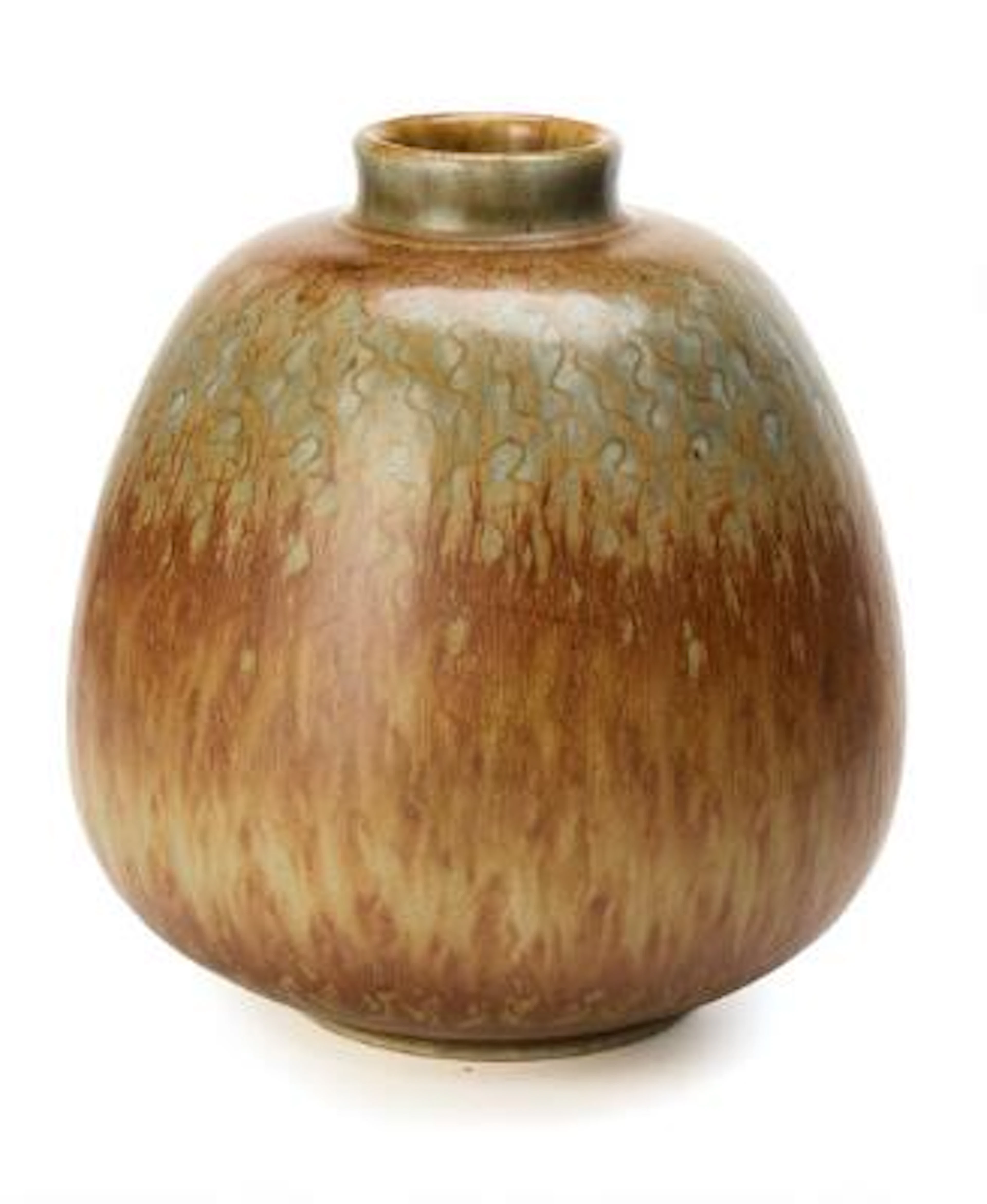Saxbo: A round stoneware vase with incised relief decoration. Decorated