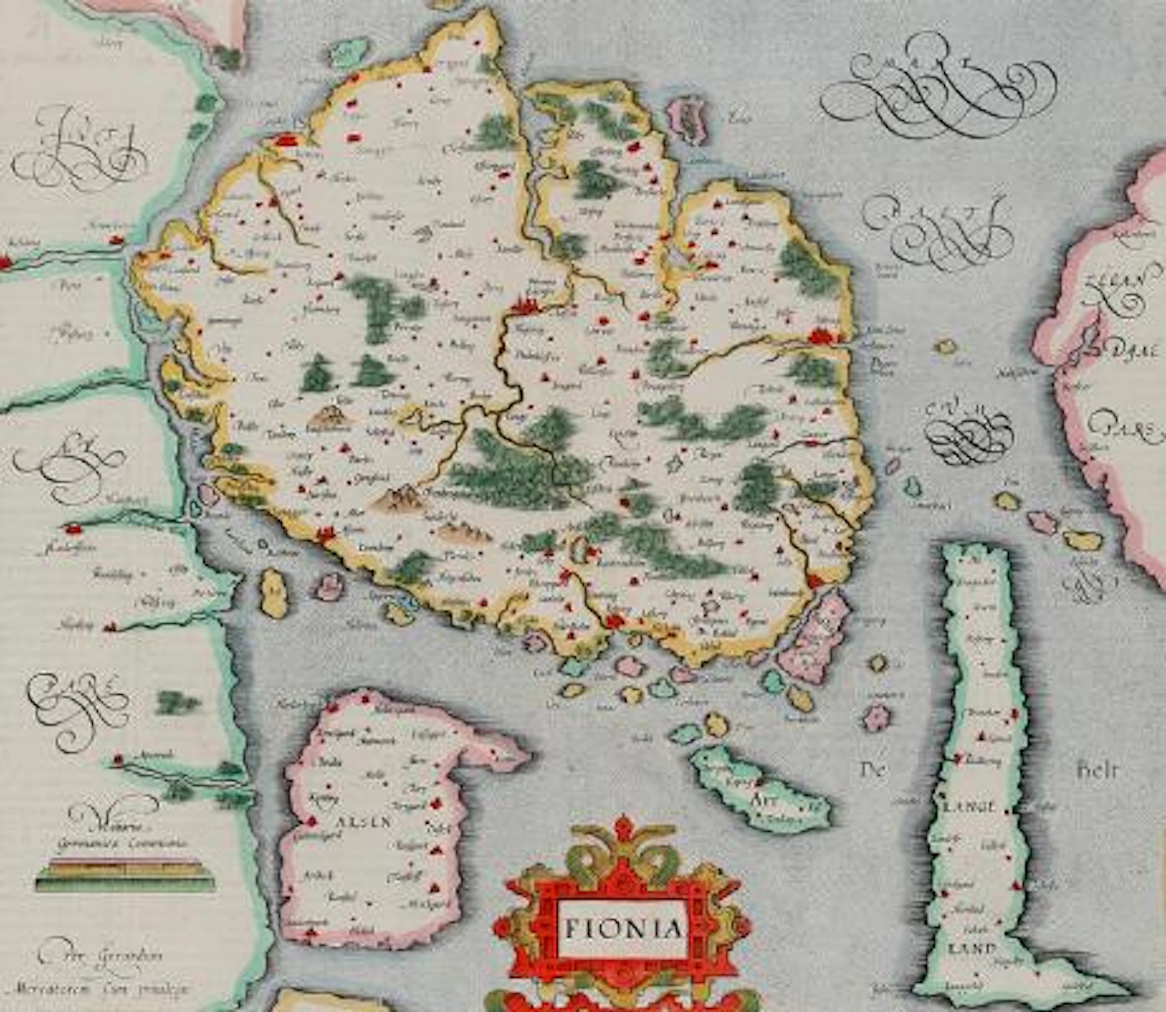 Gerard Mercator: "Fionia". Map over Fyn. Hand coloured etching. Sheet
