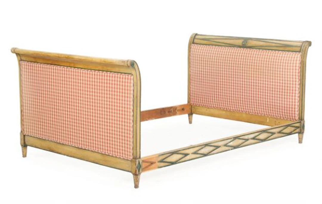Gustavian bed with painted wooden head and footboard, partly upholstered