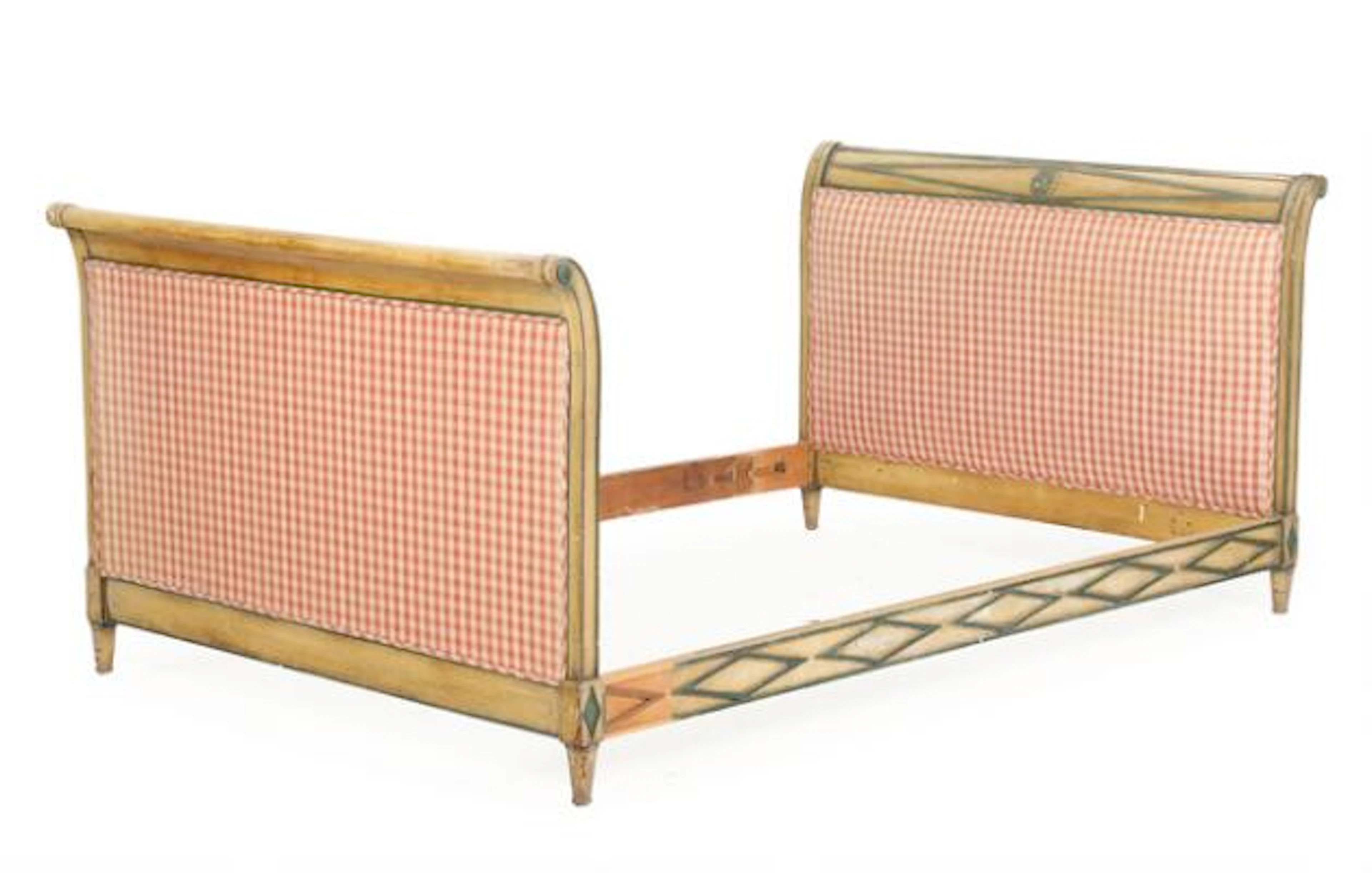 Gustavian bed with painted wooden head and footboard, partly upholstered