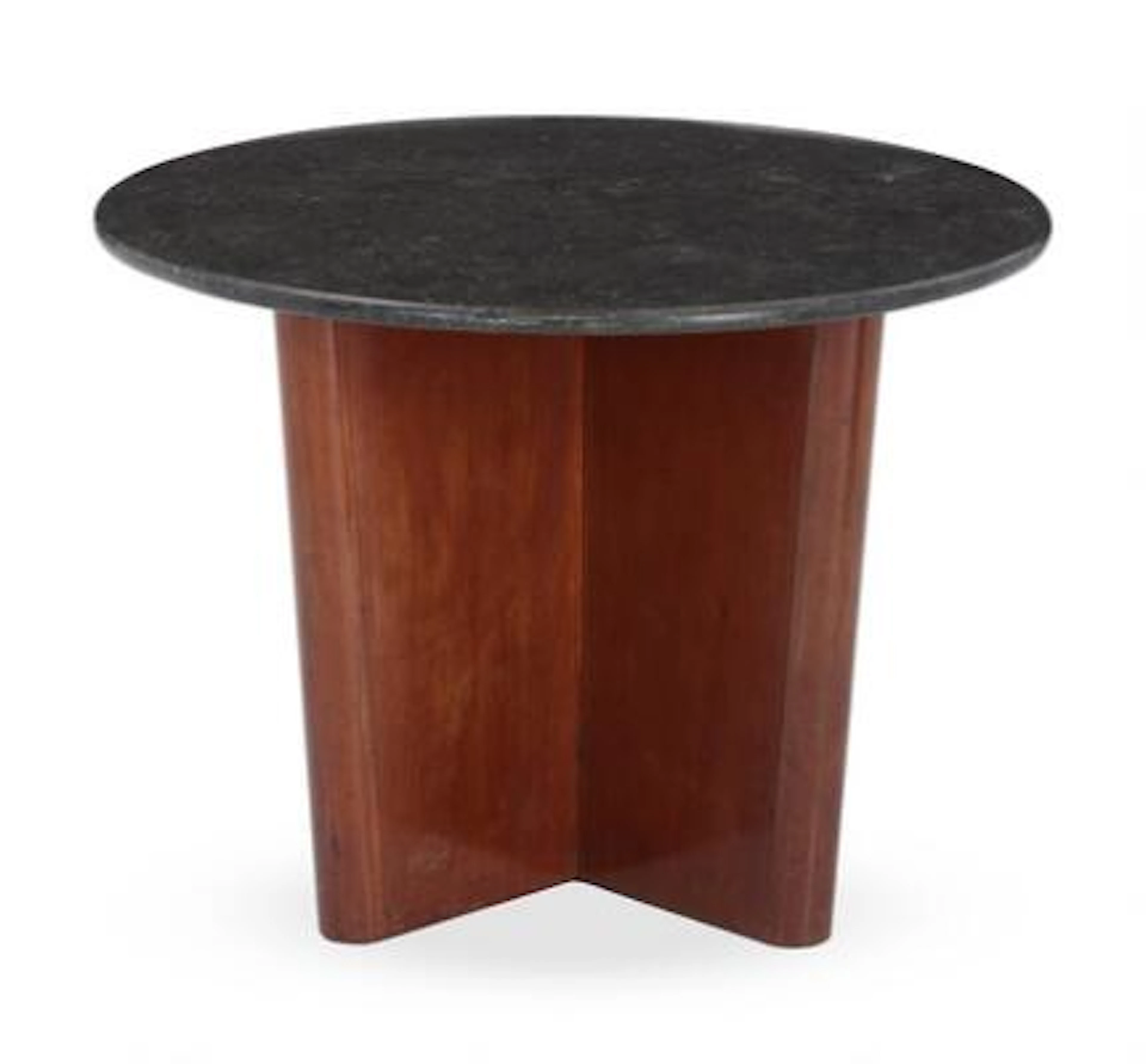 Unknown design: Circular coffee table with stained wood frame. Top