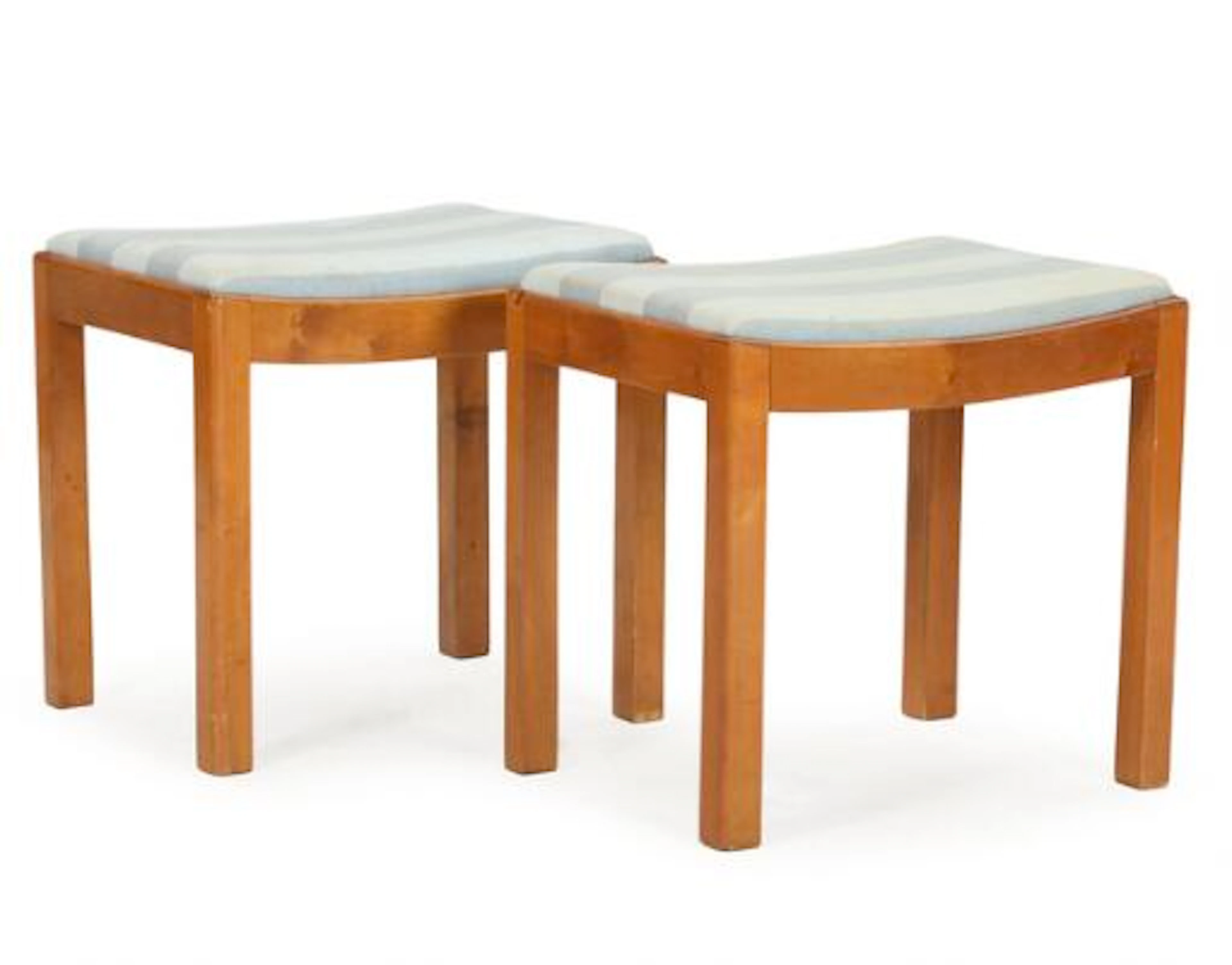 C.B. Hansen: A pair of mahogany stools, upholstered with striped fabric.