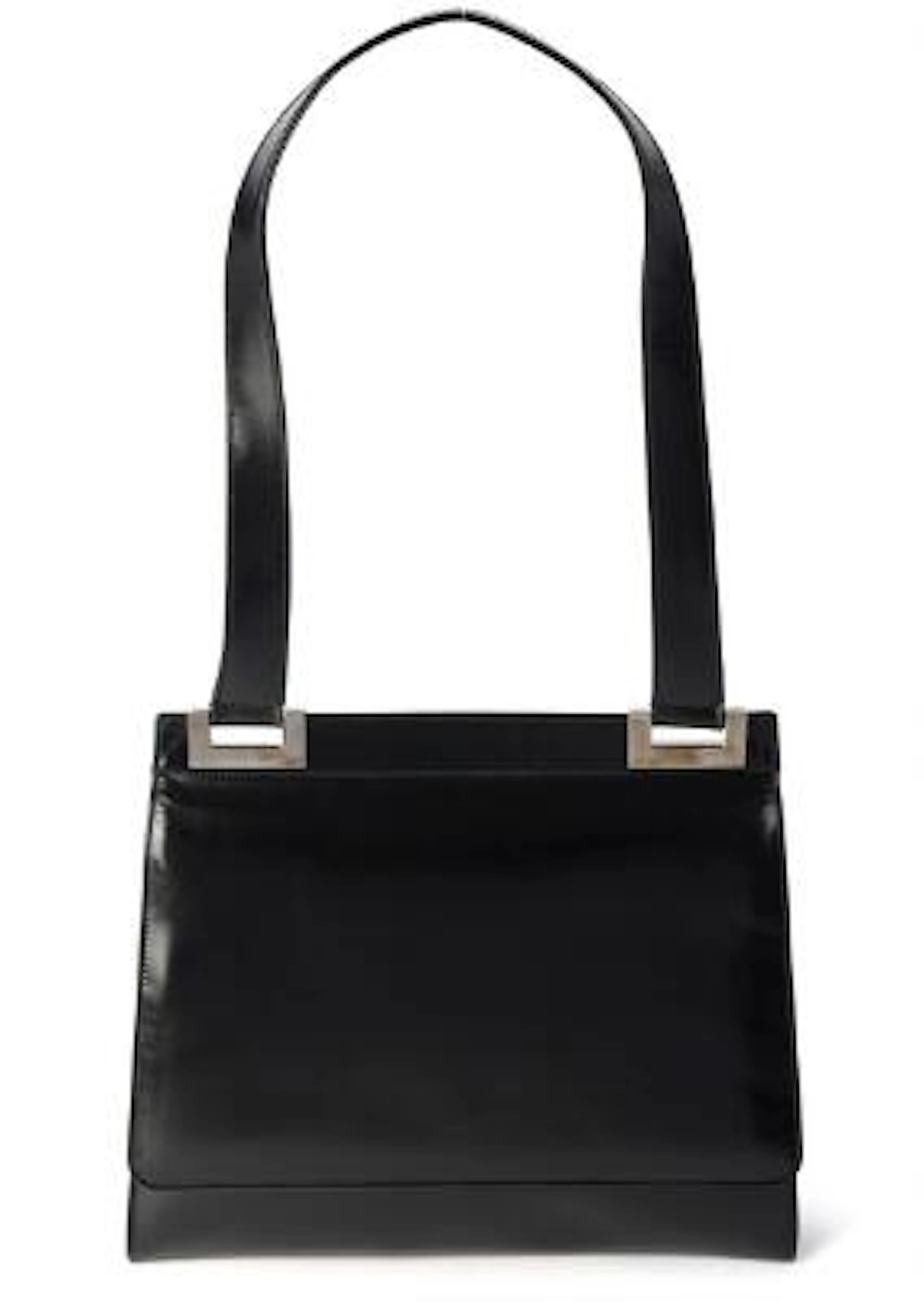 Gucci: A vintage bag in black patent leather with a handle and silver-coloured