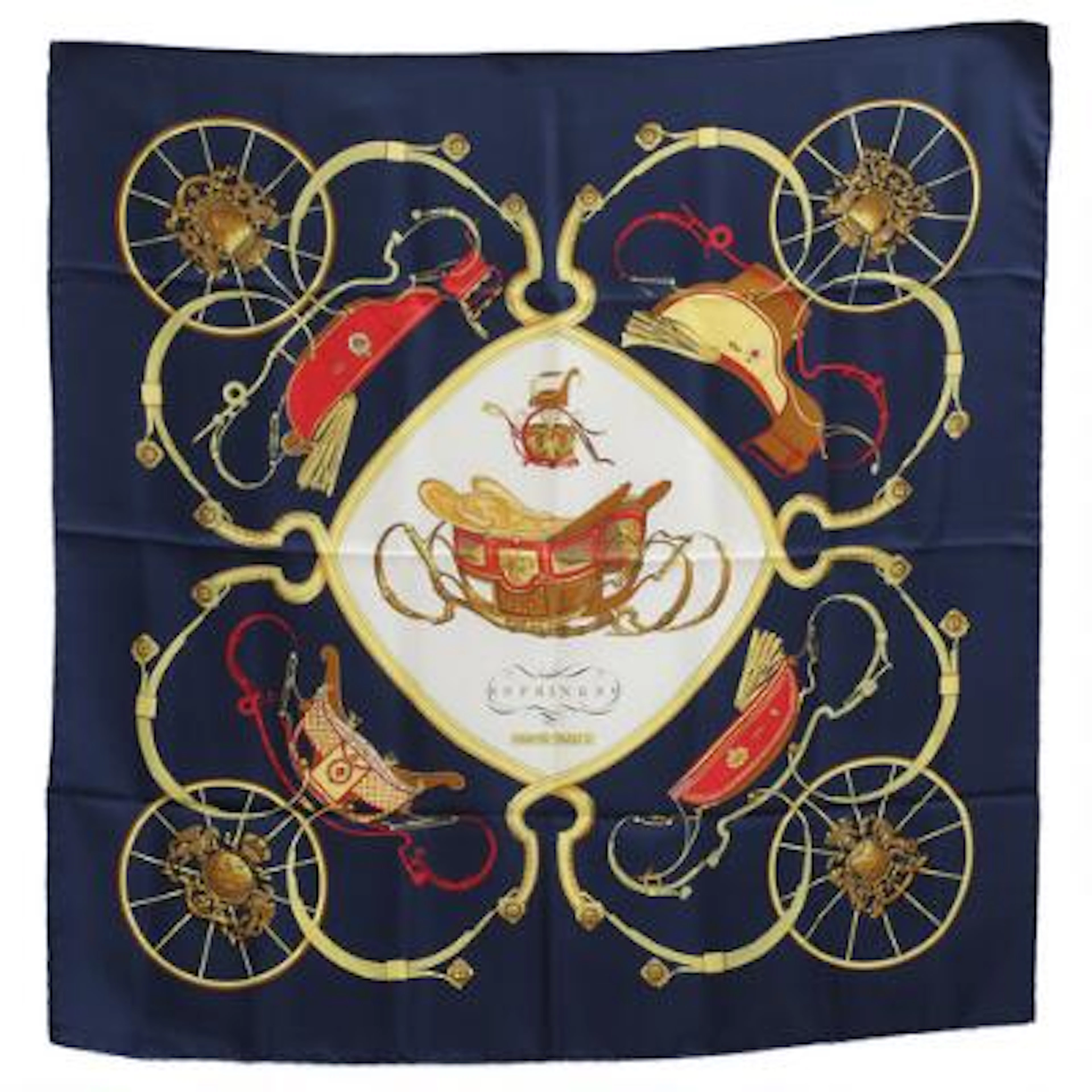Hermès: A silk scarf with the motif "Springs" in navy, pink, purple