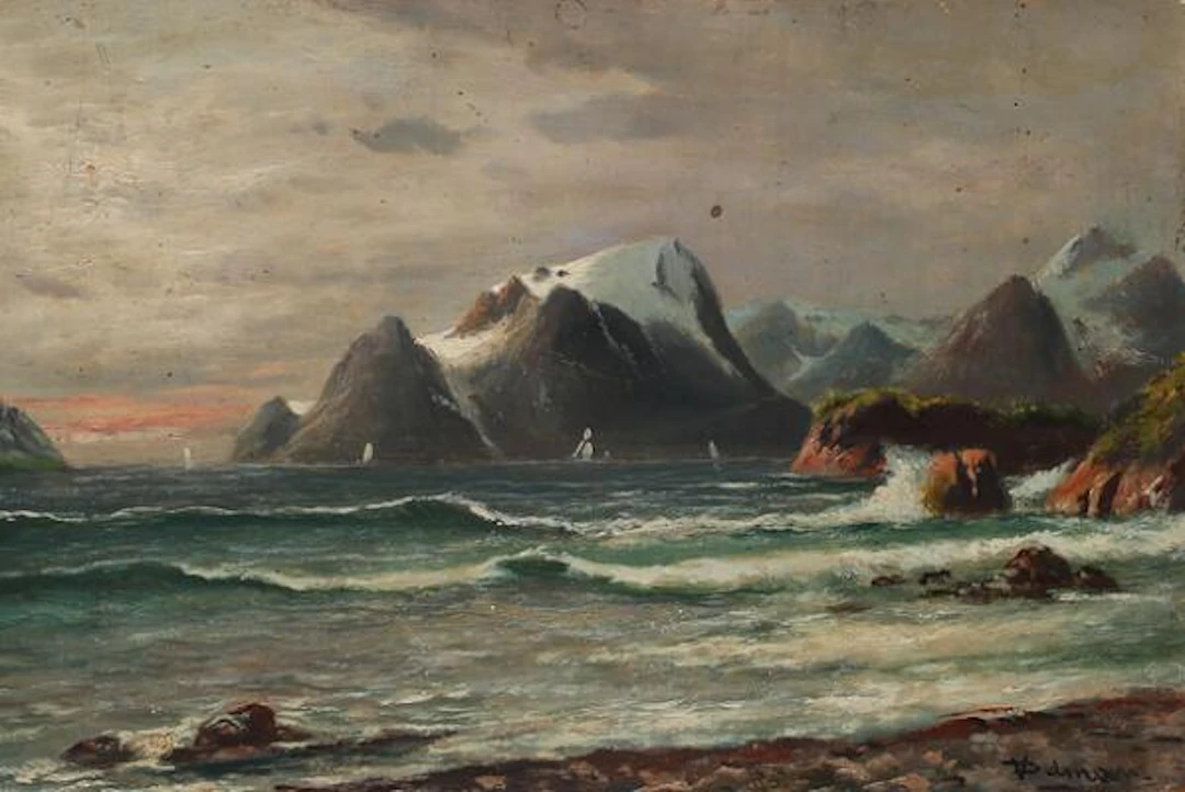Unknown painter, 19th century: "Lyngenfjord". Signed with monogram.
