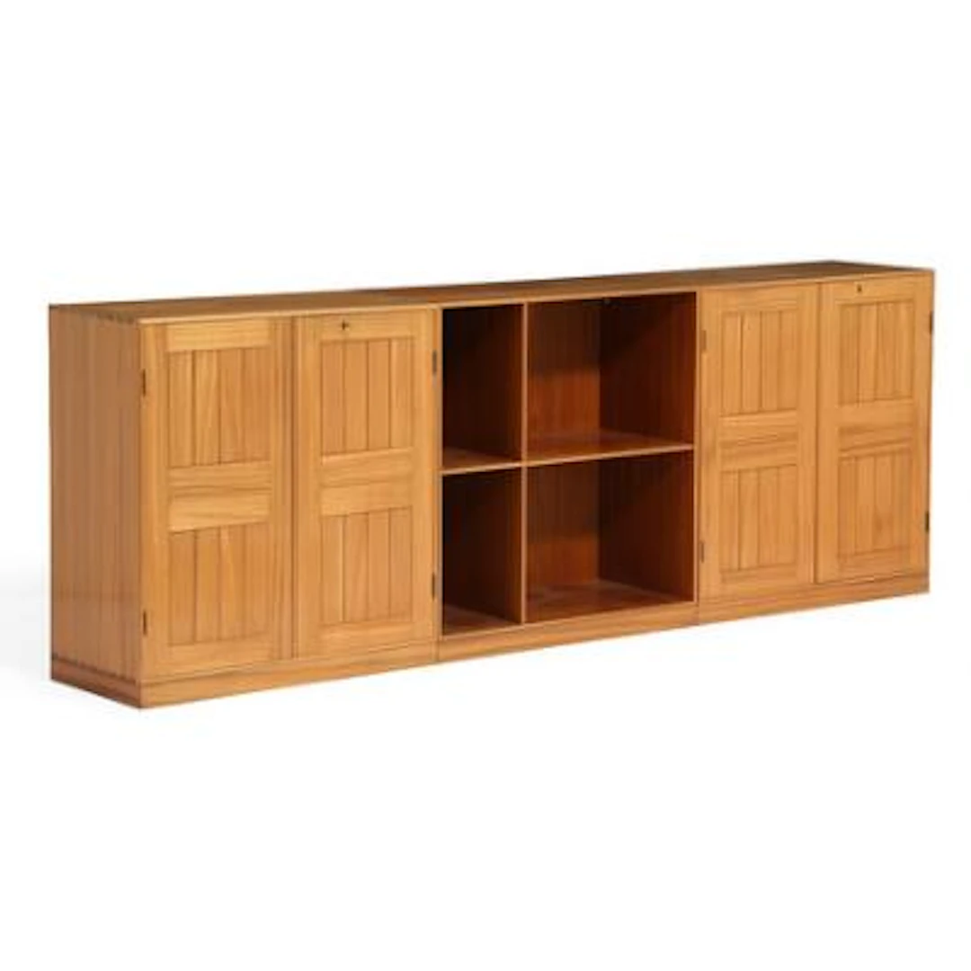 Mogens Koch: Wall-mounted shelving system in solid mahogany, consisting