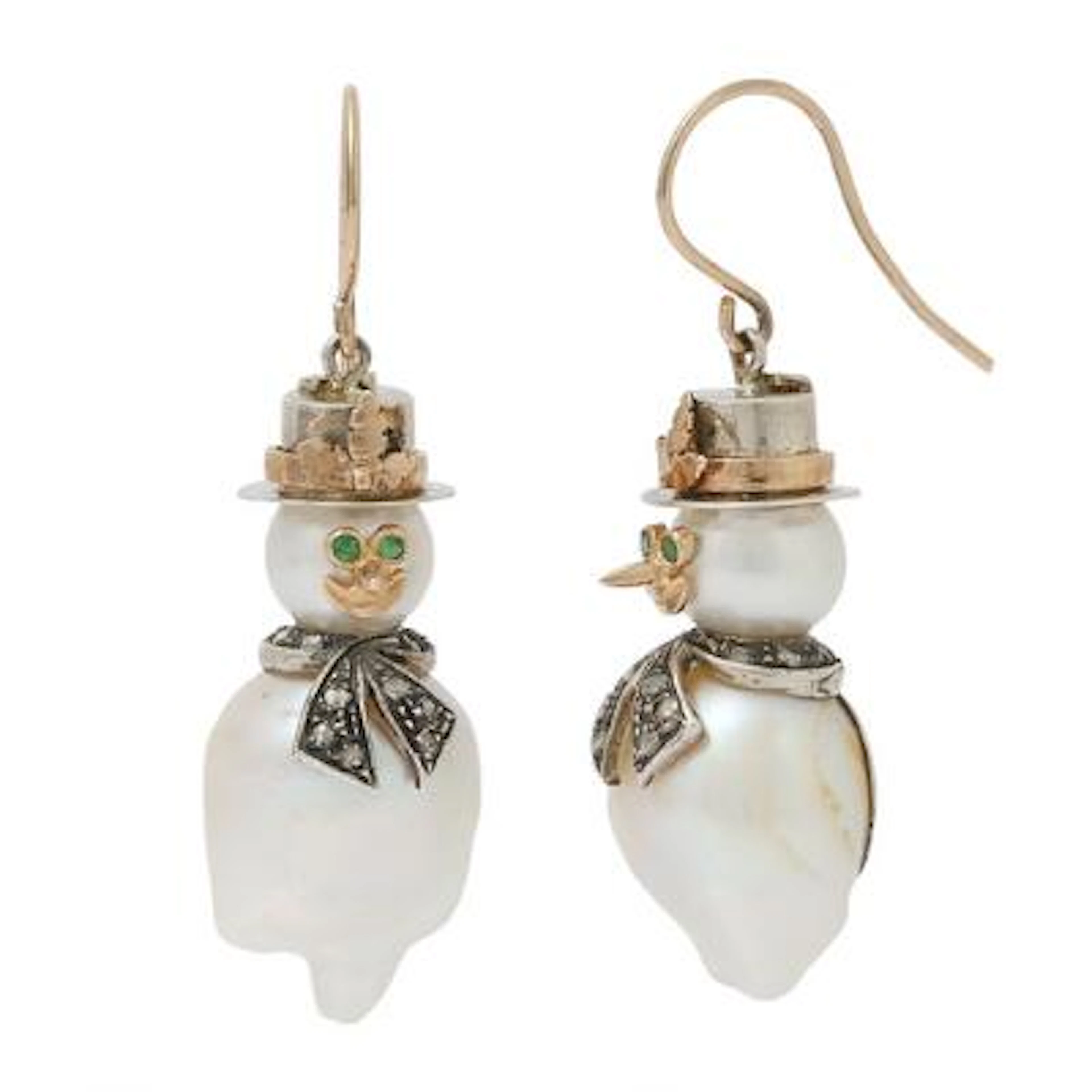 A pair of pearl and diamond ear pendants set with cultured freshwater