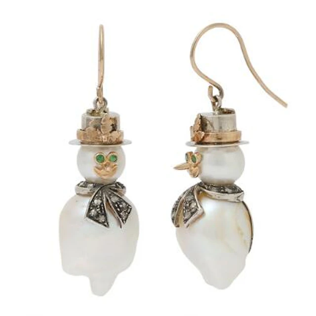 A pair of pearl and diamond ear pendants set with cultured freshwater