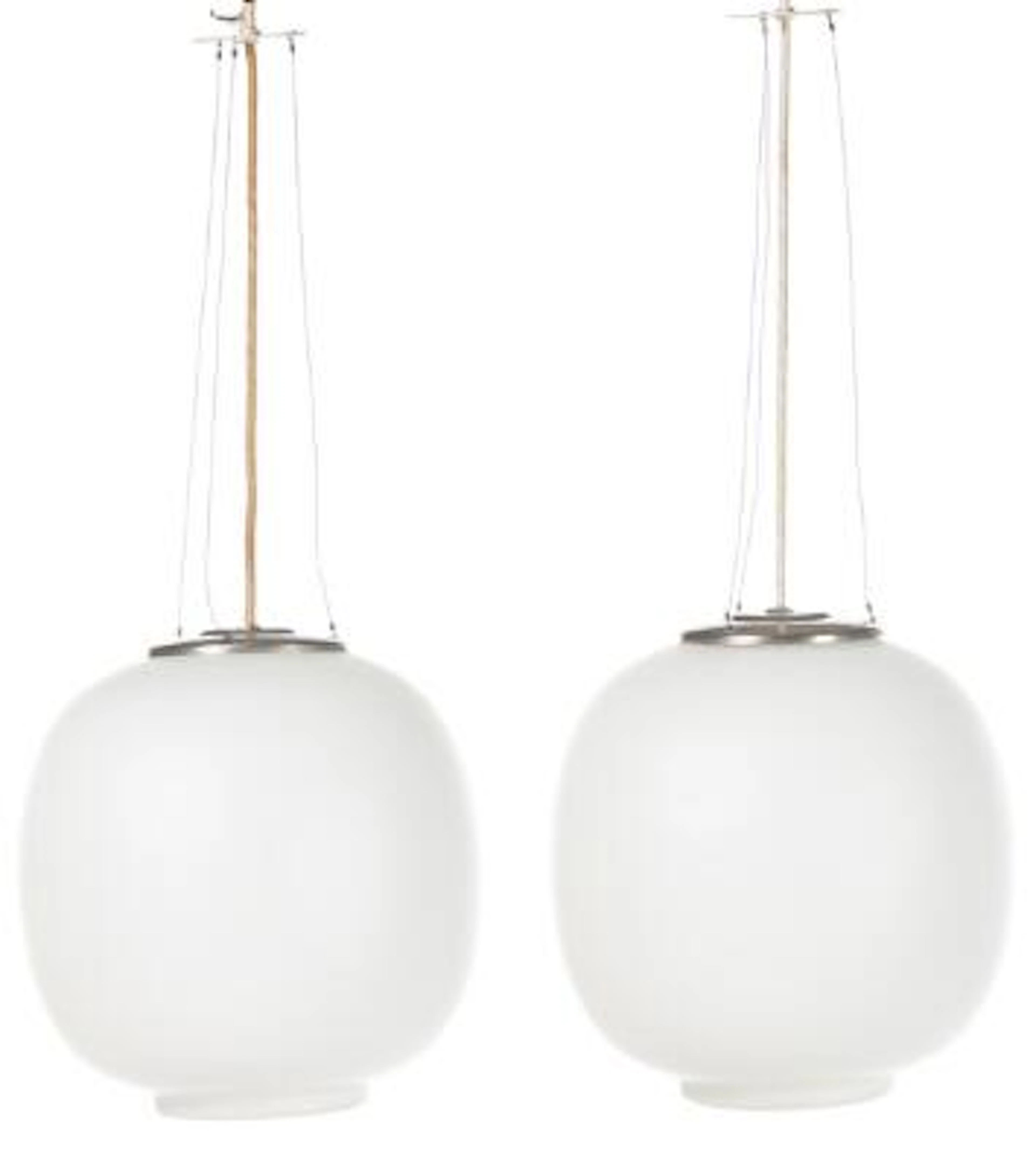 Vilhelm Lauritzen: "Radiohuspendel". A pair of opaline glass pendants