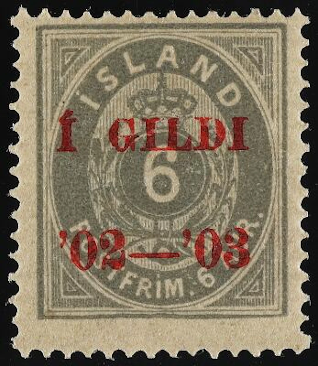 Iceland. 1902. I GILDI. 6 Aur, grey. Perf. 14. Red overprint I GILDI.