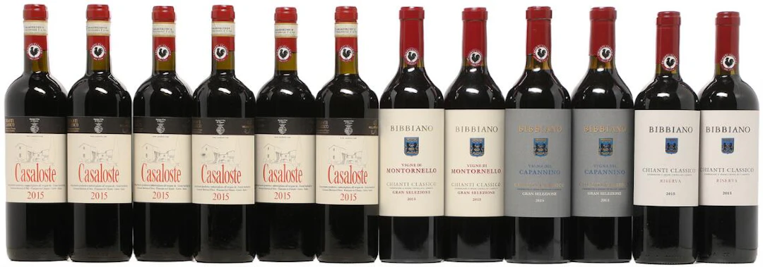 6 bts. Chianti Classico, Casaloste 2015 A (hf/in). etc. Total 12 bts.