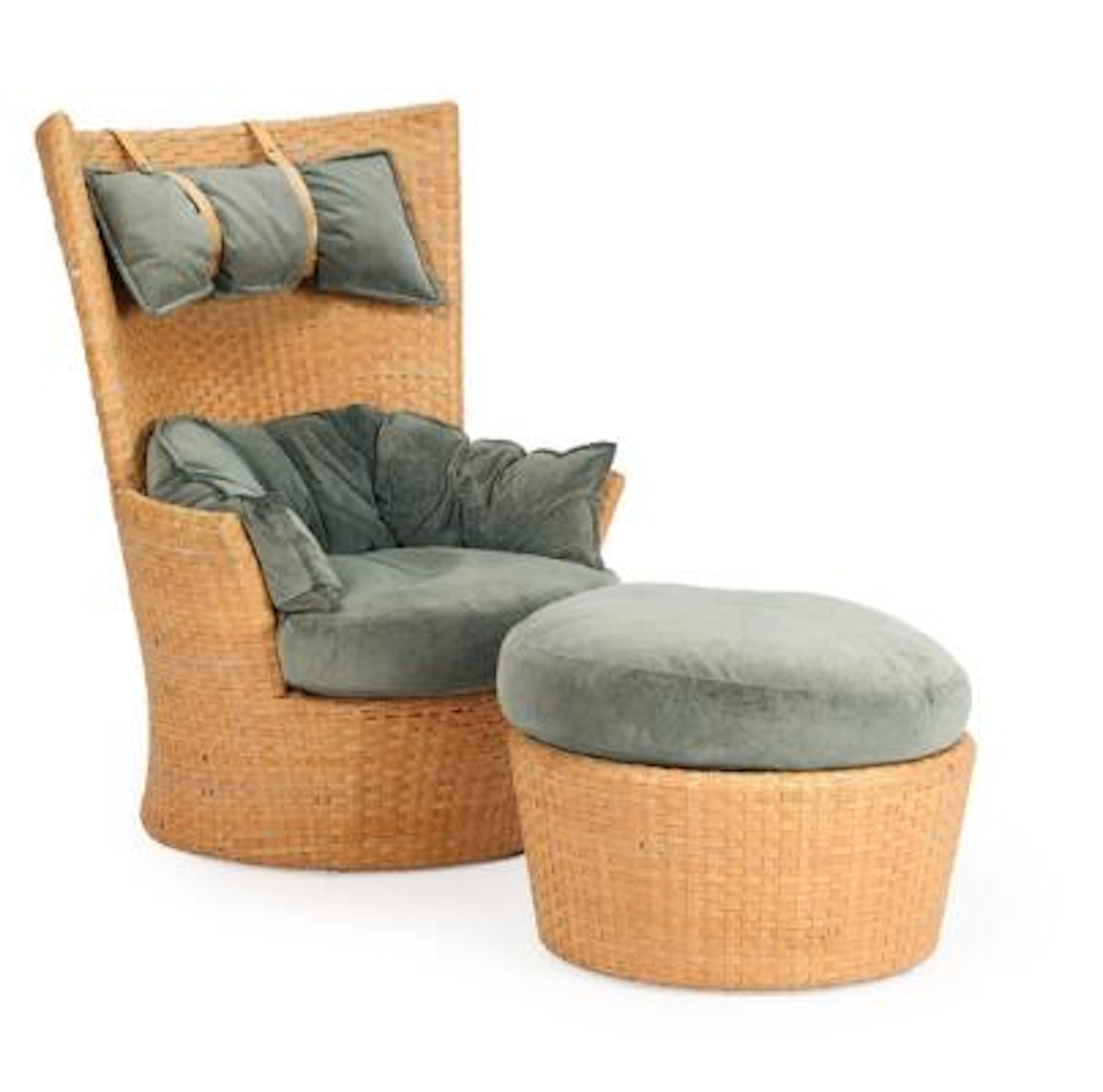 Unknown furniture design: A woven leather easy chair and stool, upholstered