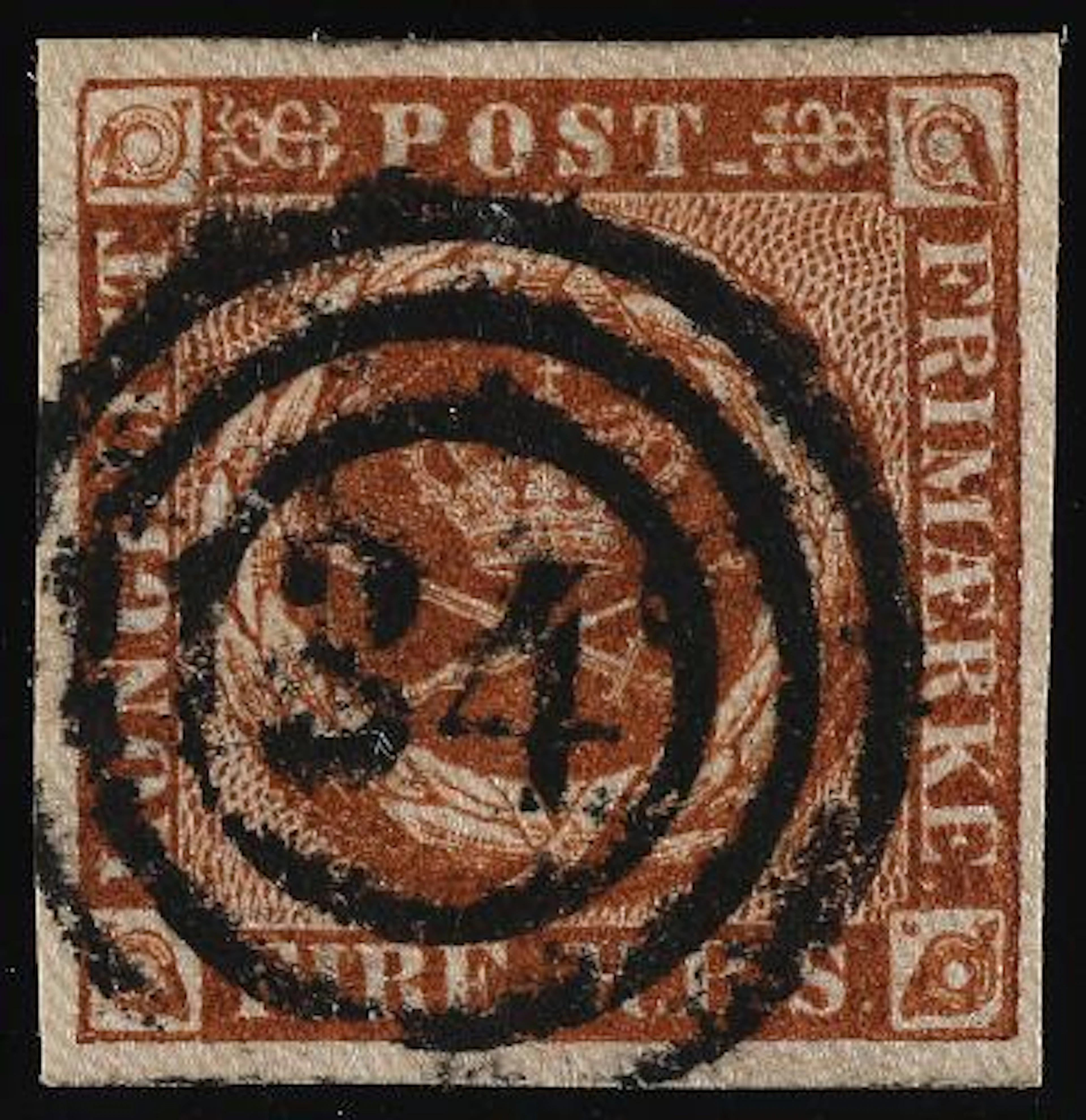 1854. 4 RBS, nut brown. Thiele III. Plate III, no. 50. Very beautiful