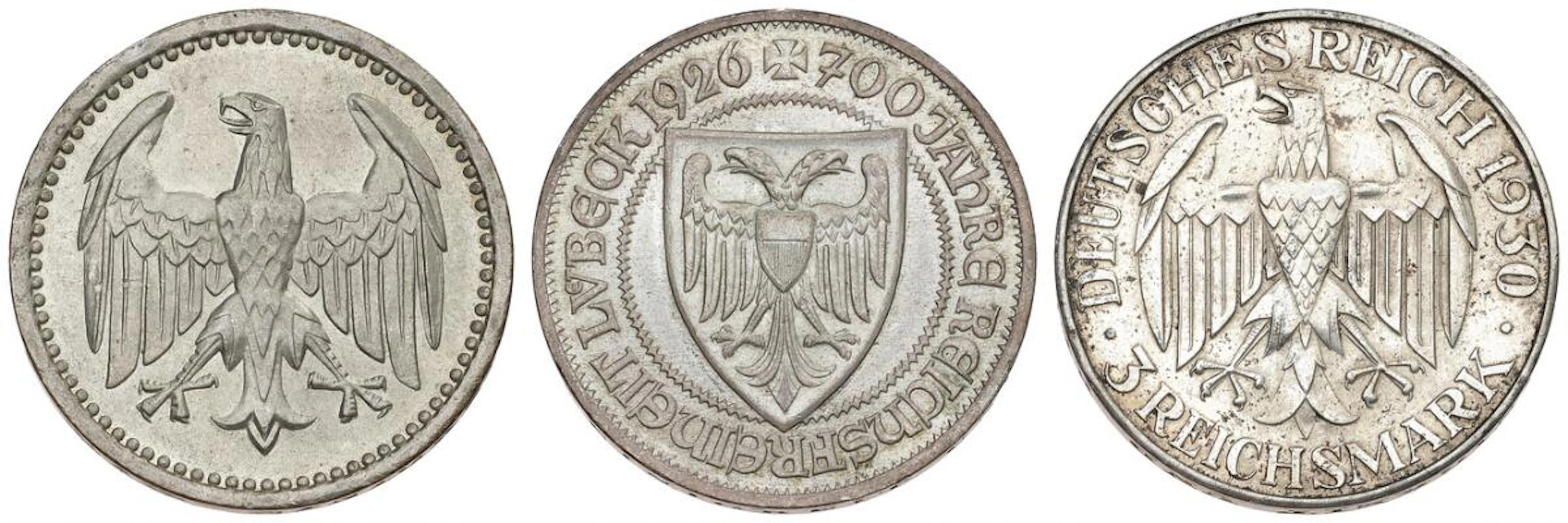 Germany, 3 Mark 1924A, KM 43, 3 Reichsmark 1926 A, Lübeck, KM 48