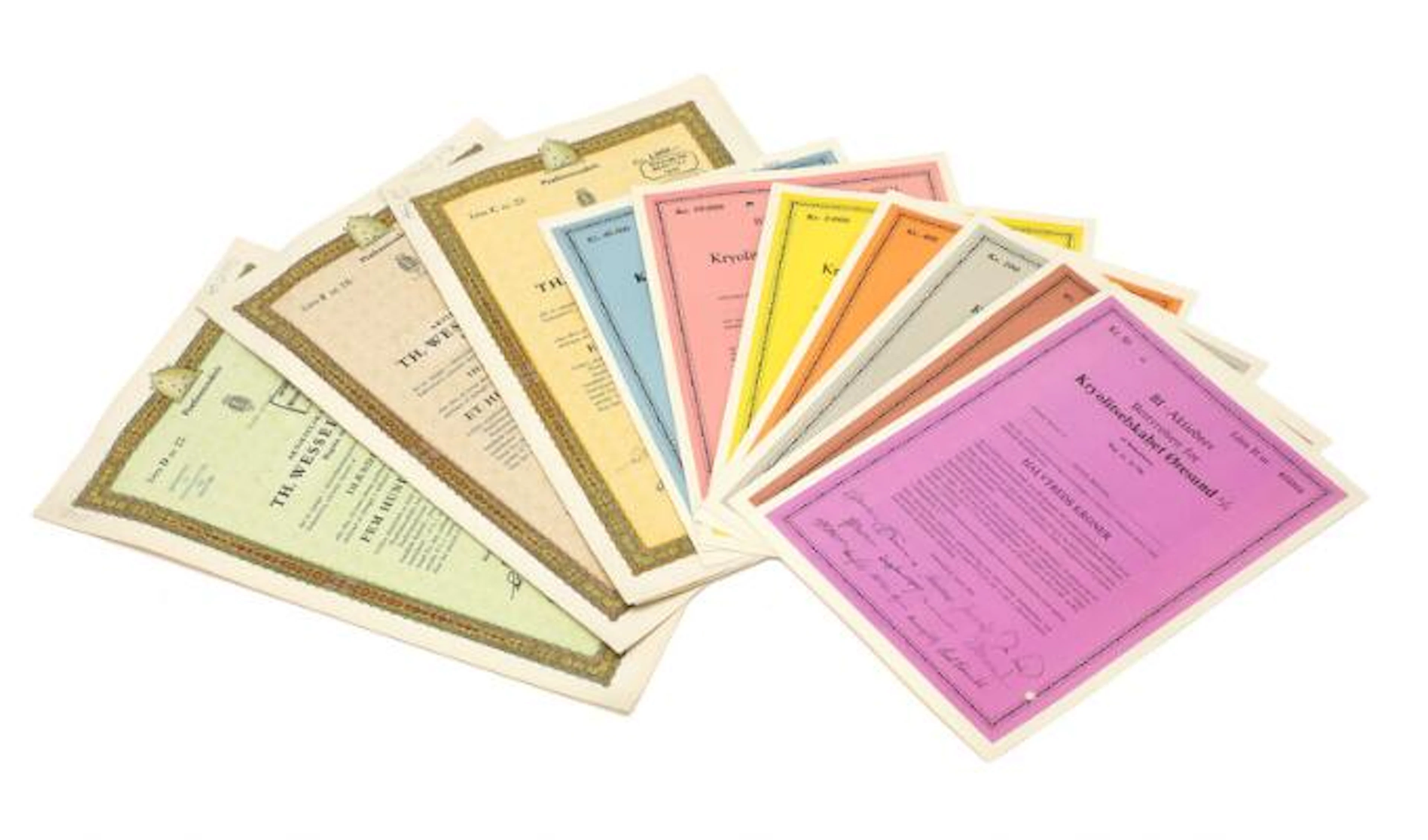 Collection of share certificates from i.a. "Kryolithselskabet Øresund"