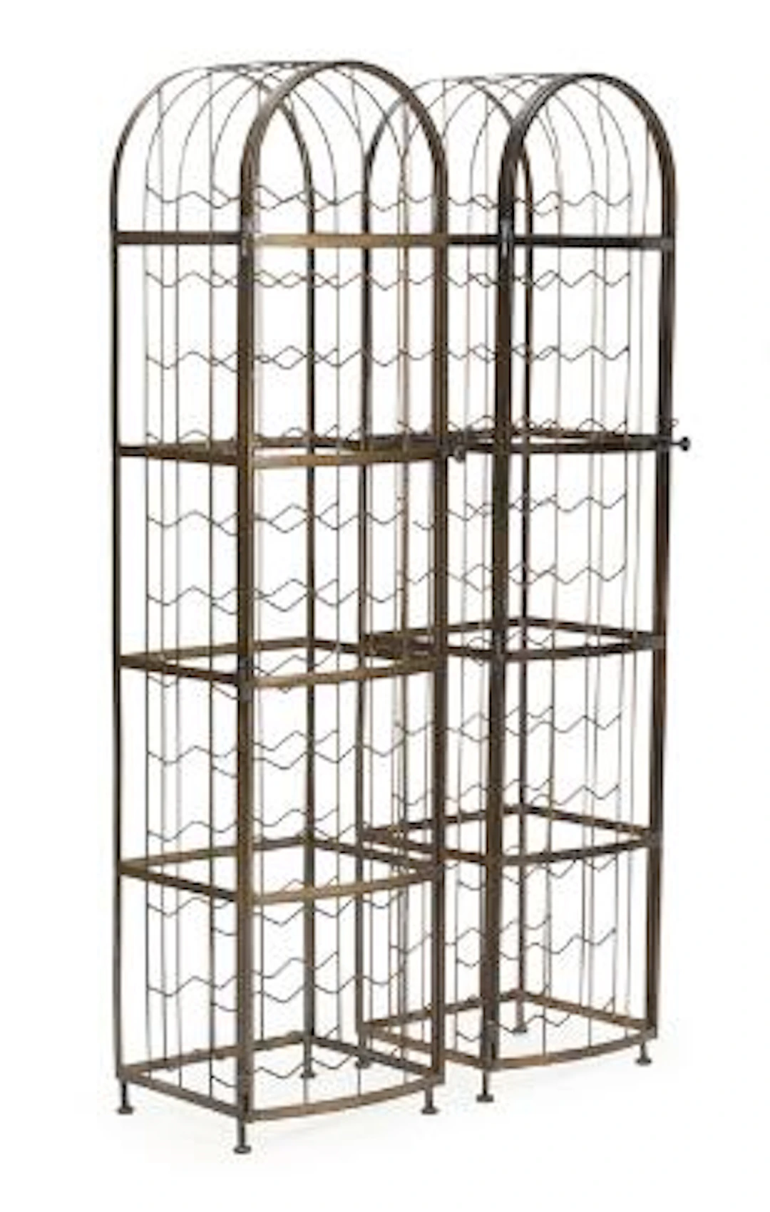 A pair of painted iron wine racks with doors and brackets for 48 bottles.