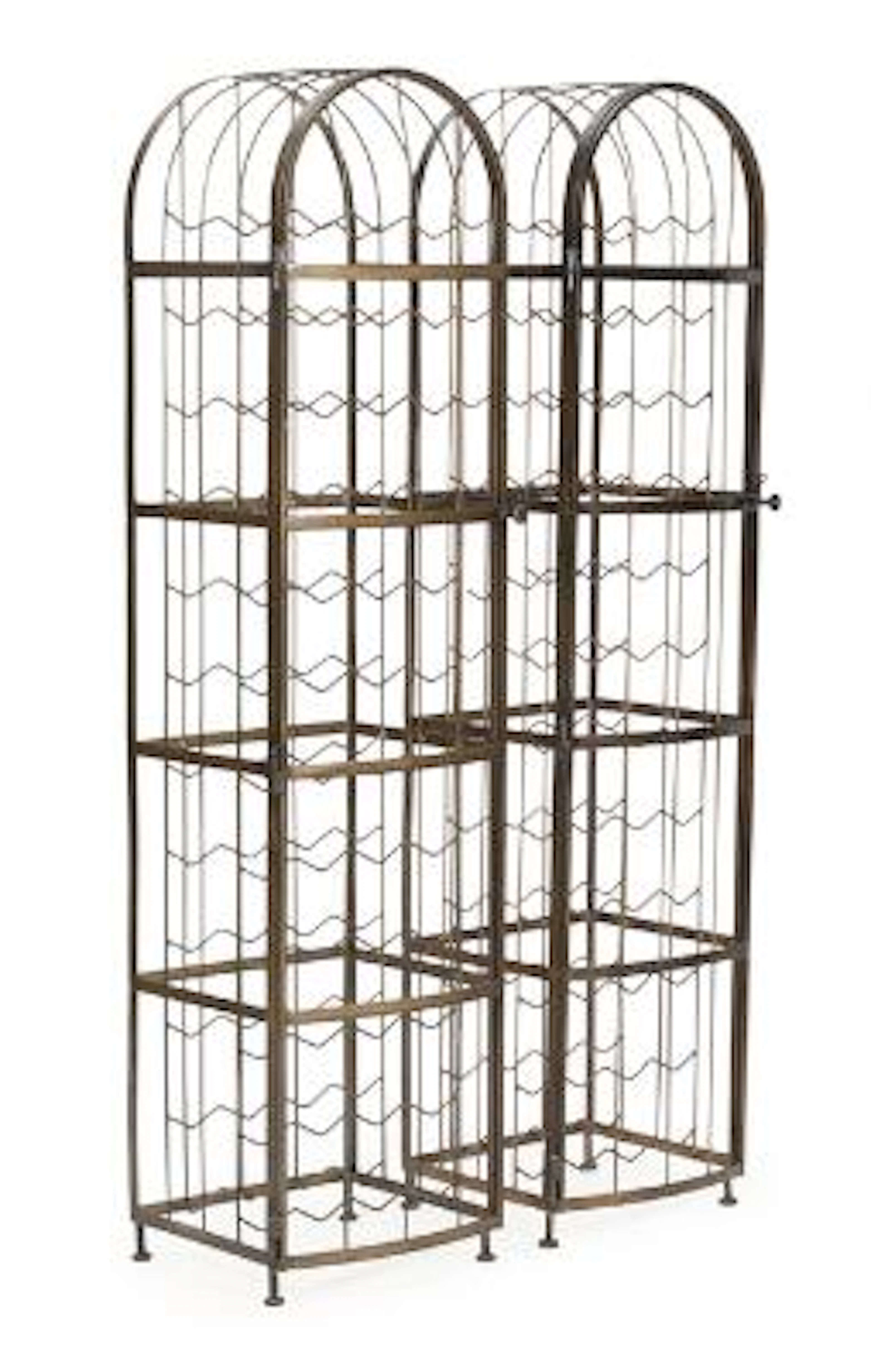 A pair of painted iron wine racks with doors and brackets for 48 bottles.