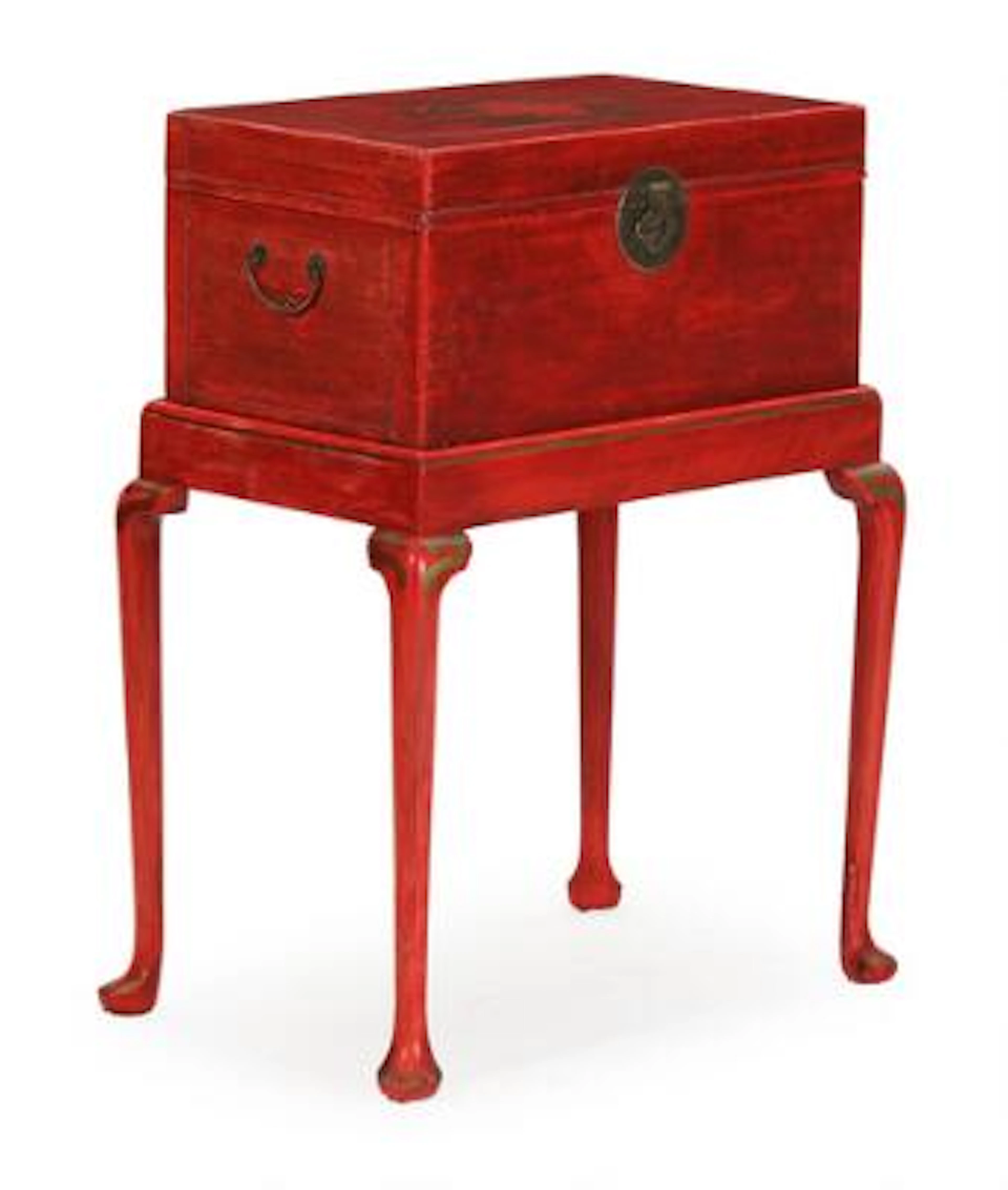 Chinese bridal chest of red lacquered papier-mâché, on stand. Qing