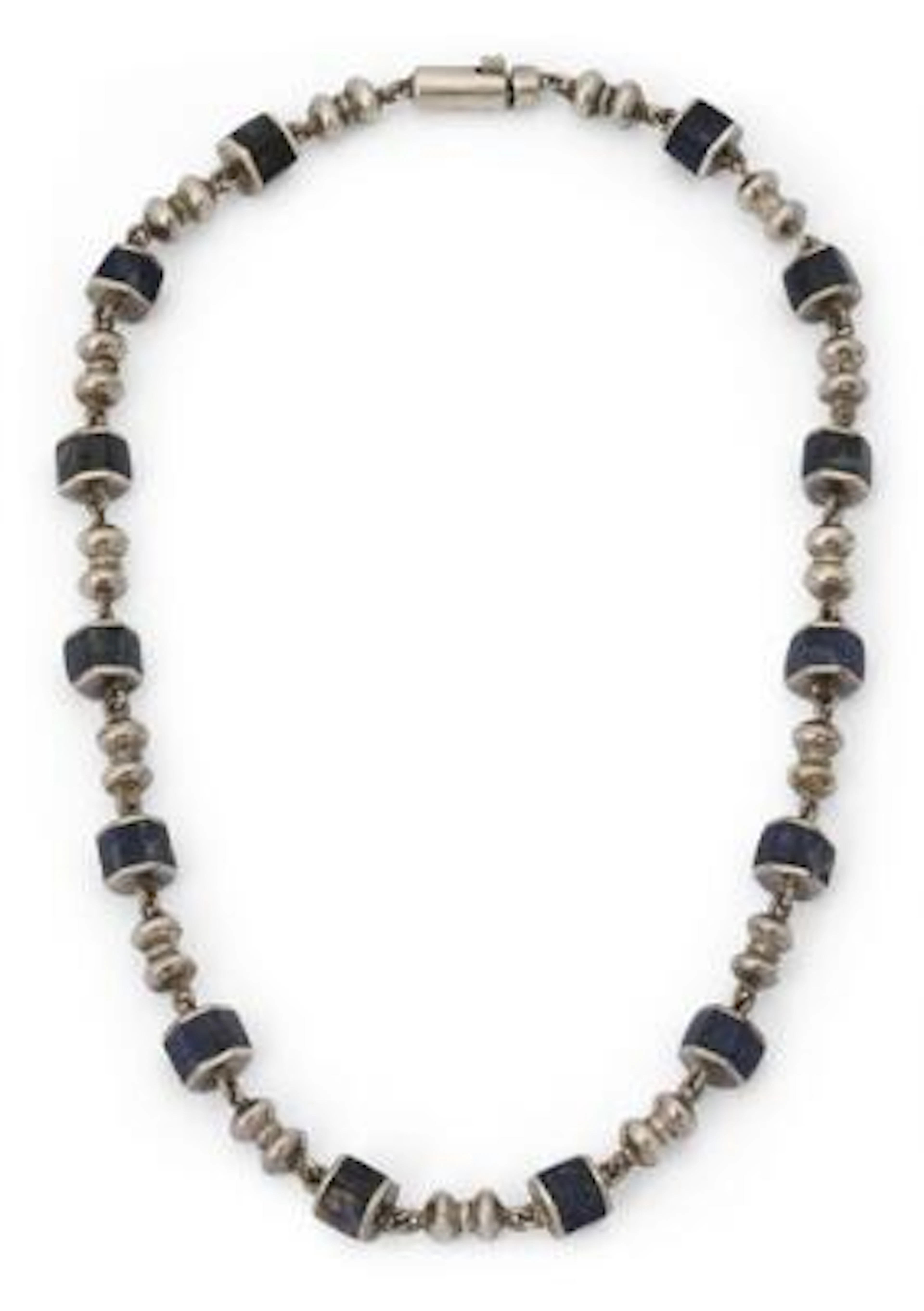 A sodalite necklace set with beads of polished sodalite, mounted in