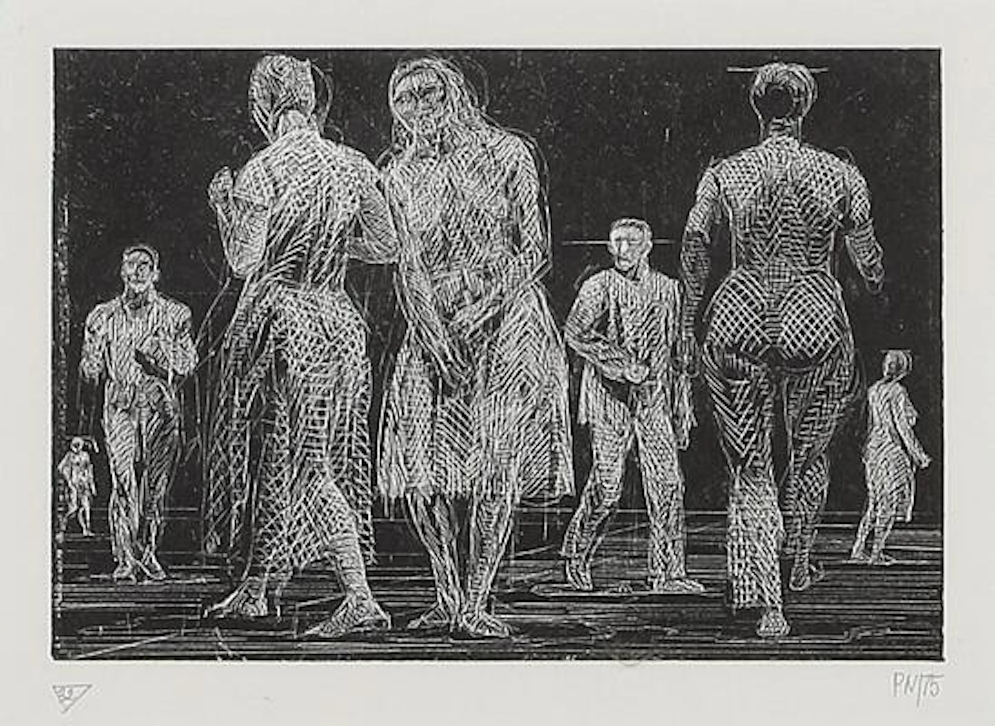 Palle Nielsen: Figures, 1975. Signed and dated PN 75, opus 32. Woodcut.