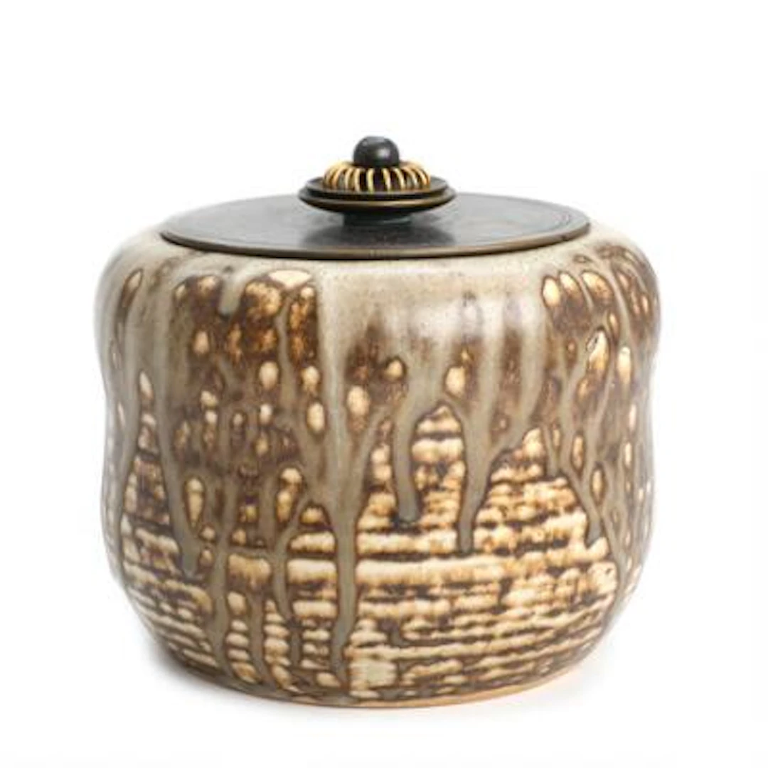 Carl Halier, Knud Andersen: Lidded stoneware jar with patinated bronze